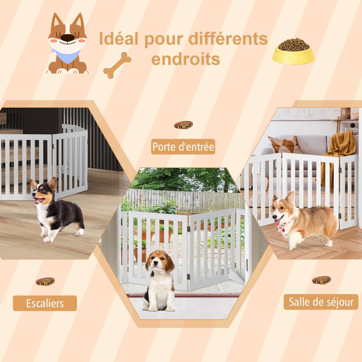 Barrière de Sécurité pour Chien 3 Panneaux avec 2 Pieds de Soutien 150x60 CM Barrière Modulable Pliable pour Animaux Blanc - Image 8