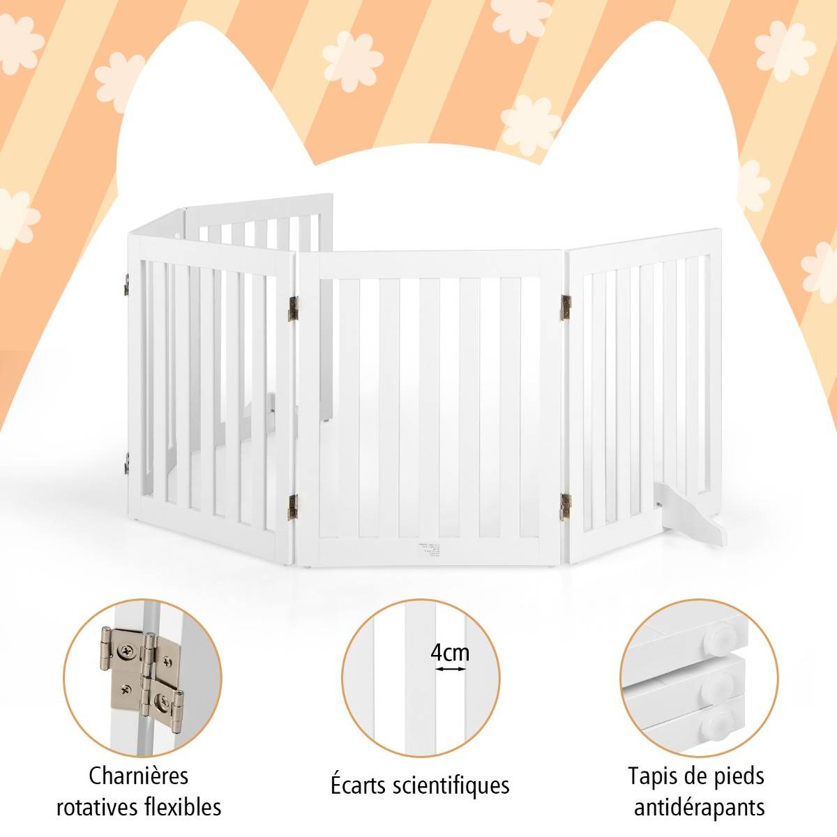 Barrière de Sécurité pour Chien 3 Panneaux avec 2 Pieds de Soutien 150x60 CM Barrière Modulable Pliable pour Animaux Blanc - Image 5