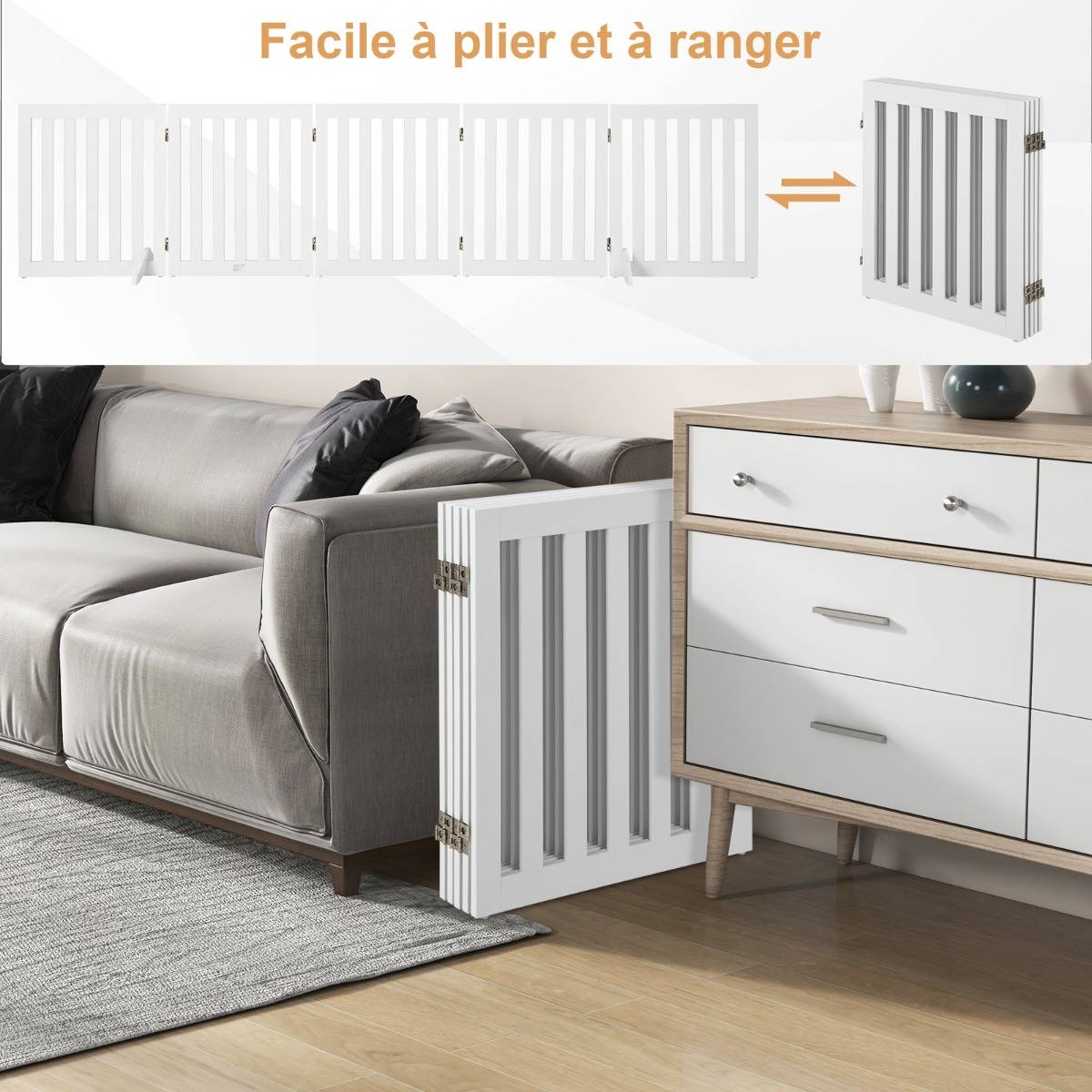 Barrière de Sécurité pour Chien 3 Panneaux avec 2 Pieds de Soutien 150x60 CM Barrière Modulable Pliable pour Animaux Blanc - Image 9