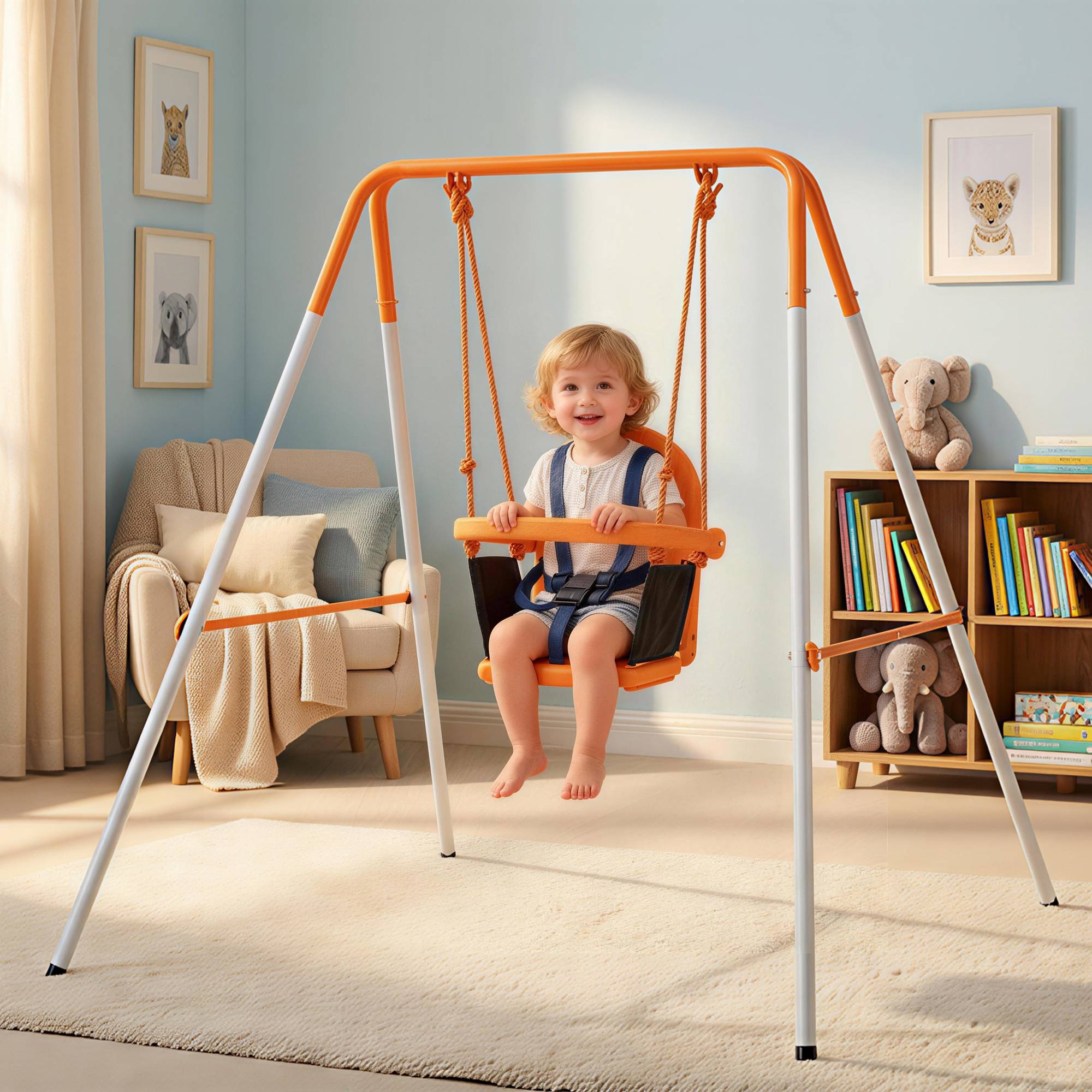 Colonne bébé orange structure acier sangle de sécurité charge max 25kg usage extérieur - Image 3
