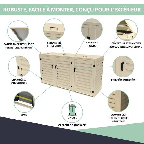Cache Poubelle Extérieur Triple en Aluminium thermolaqué - Abri pour 3 conteneurs 240 Litres – Crème RAL 1015 - Image 5
