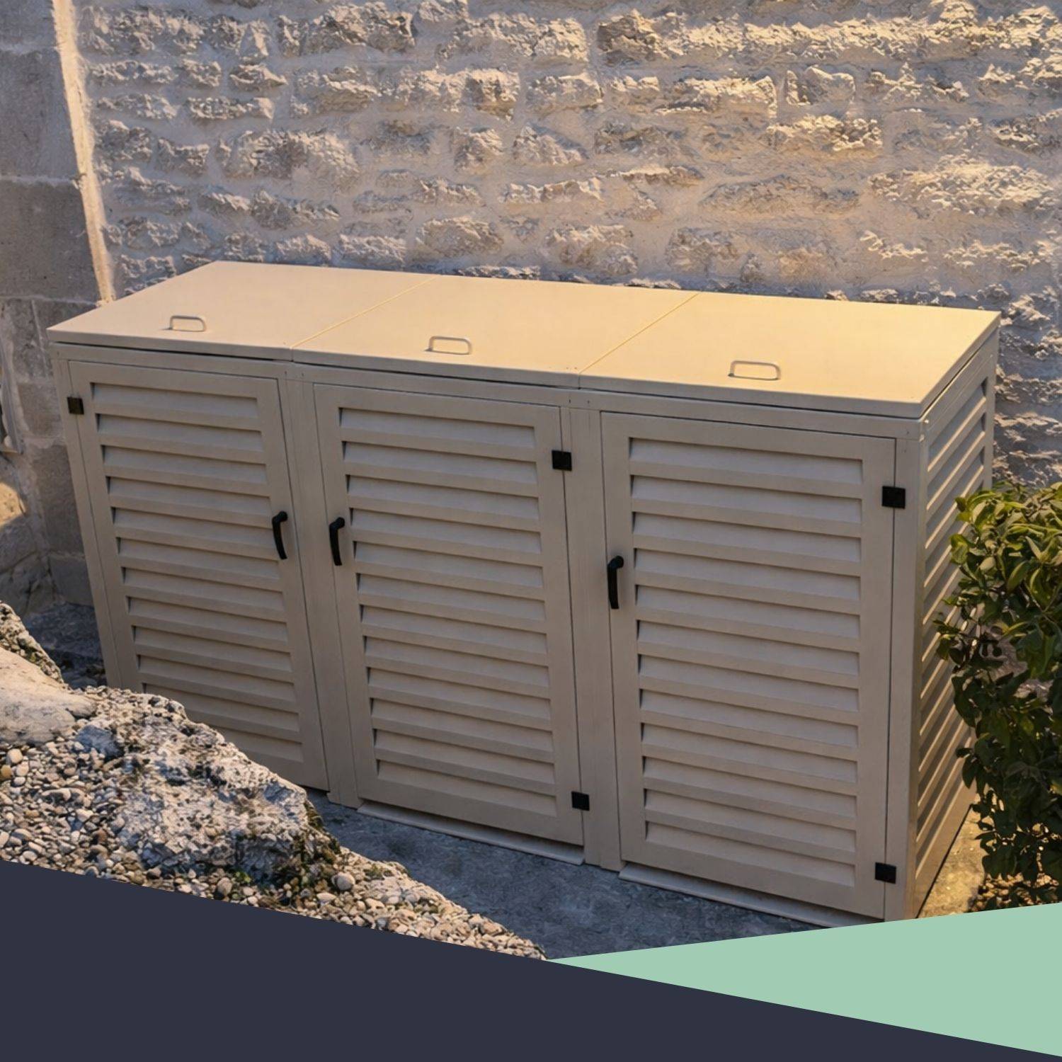 Cache Poubelle Extérieur Triple en Aluminium thermolaqué - Abri pour 3 conteneurs 240 Litres – Crème RAL 1015 - Image 6