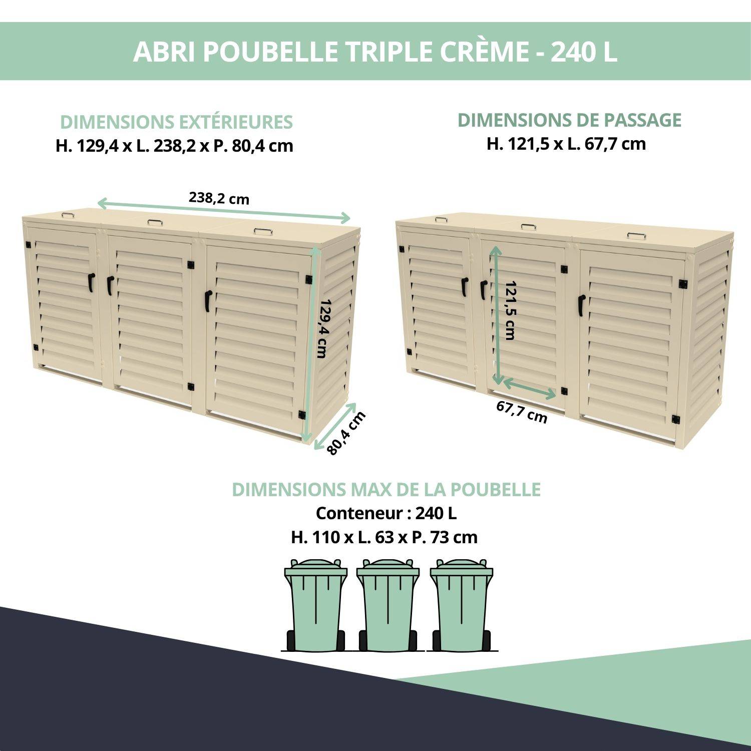 Cache Poubelle Extérieur Triple en Aluminium thermolaqué - Abri pour 3 conteneurs 240 Litres – Crème RAL 1015 - Image 3