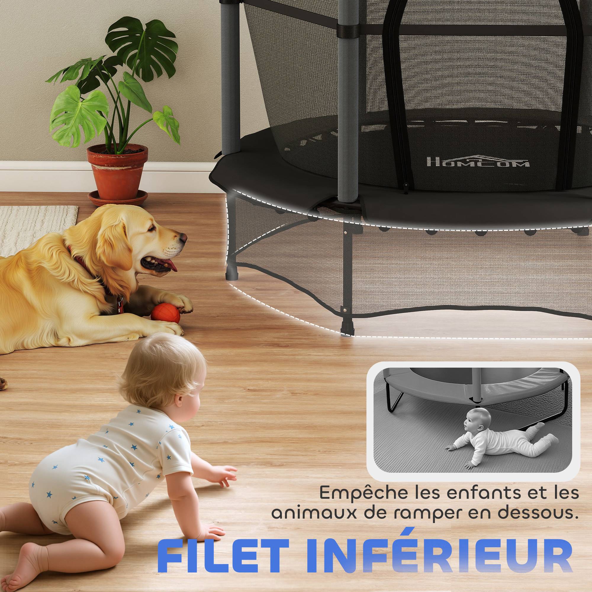 Trampoline Enfant Ø 1,40 × 1,90H m Filet de sécurité Porte zipée Couvre-Ressorts 6 poteaux rembourrés Inclus Noir - Image 10