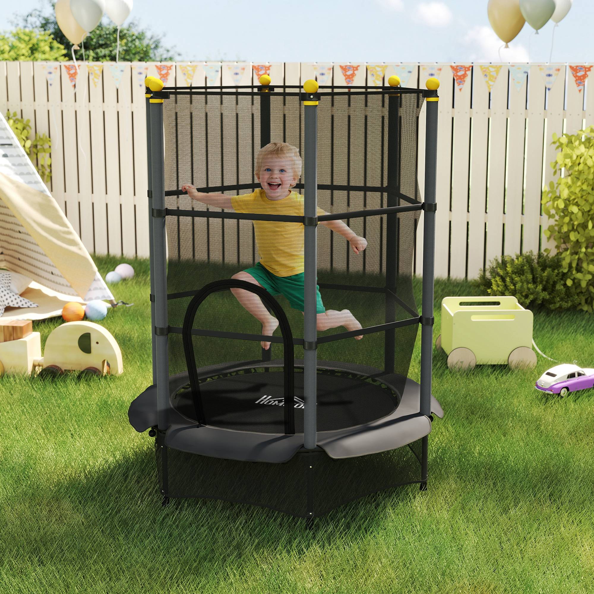 Trampoline Enfant Ø 1,40 × 1,90H m Filet de sécurité Porte zipée Couvre-Ressorts 6 poteaux rembourrés Inclus Noir - Image 3