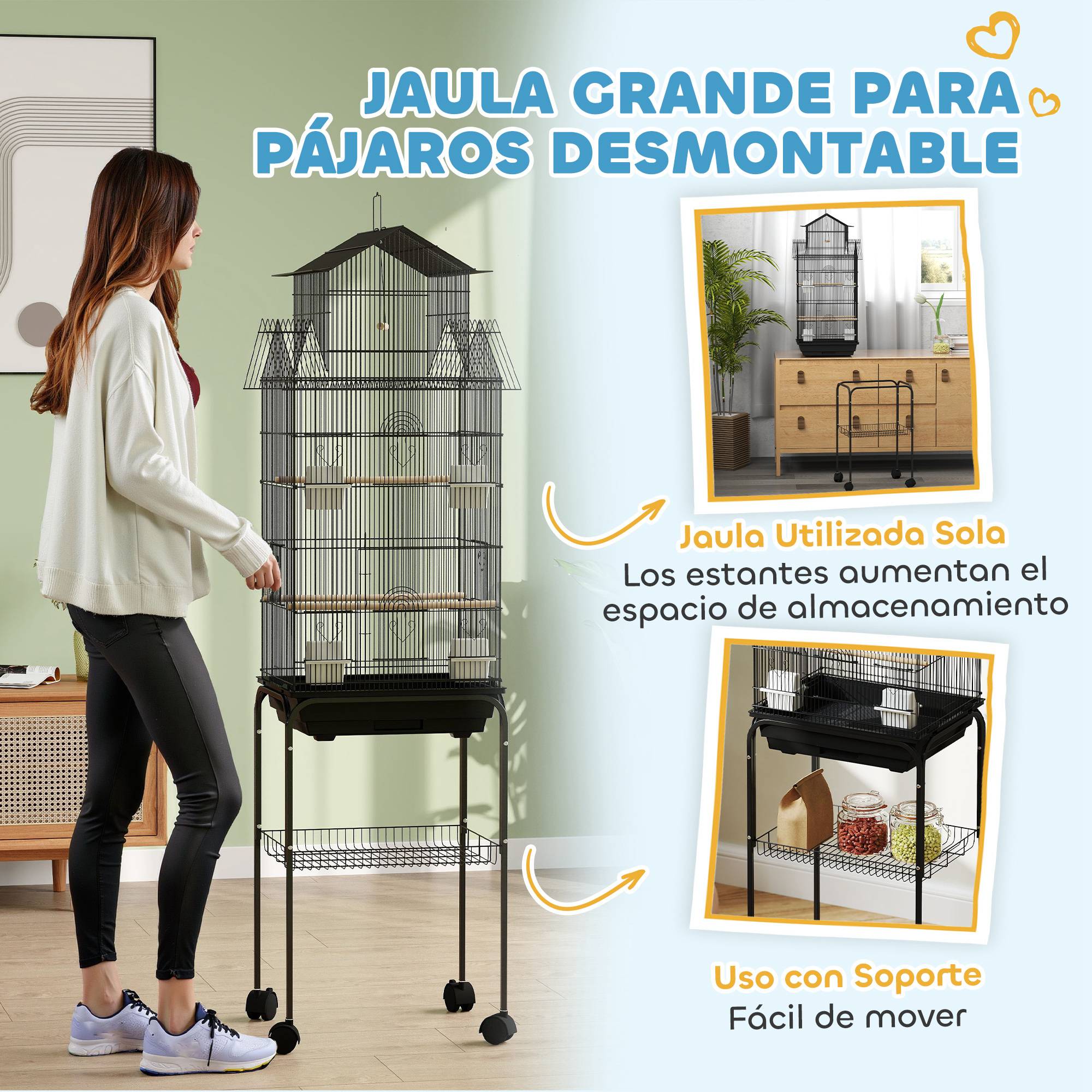 Volière maison sur roulettes pour oiseaux avec perchoirs et balançoire 51x41x163 cm Noir - ComfortXL Outdoor Living - Image 10
