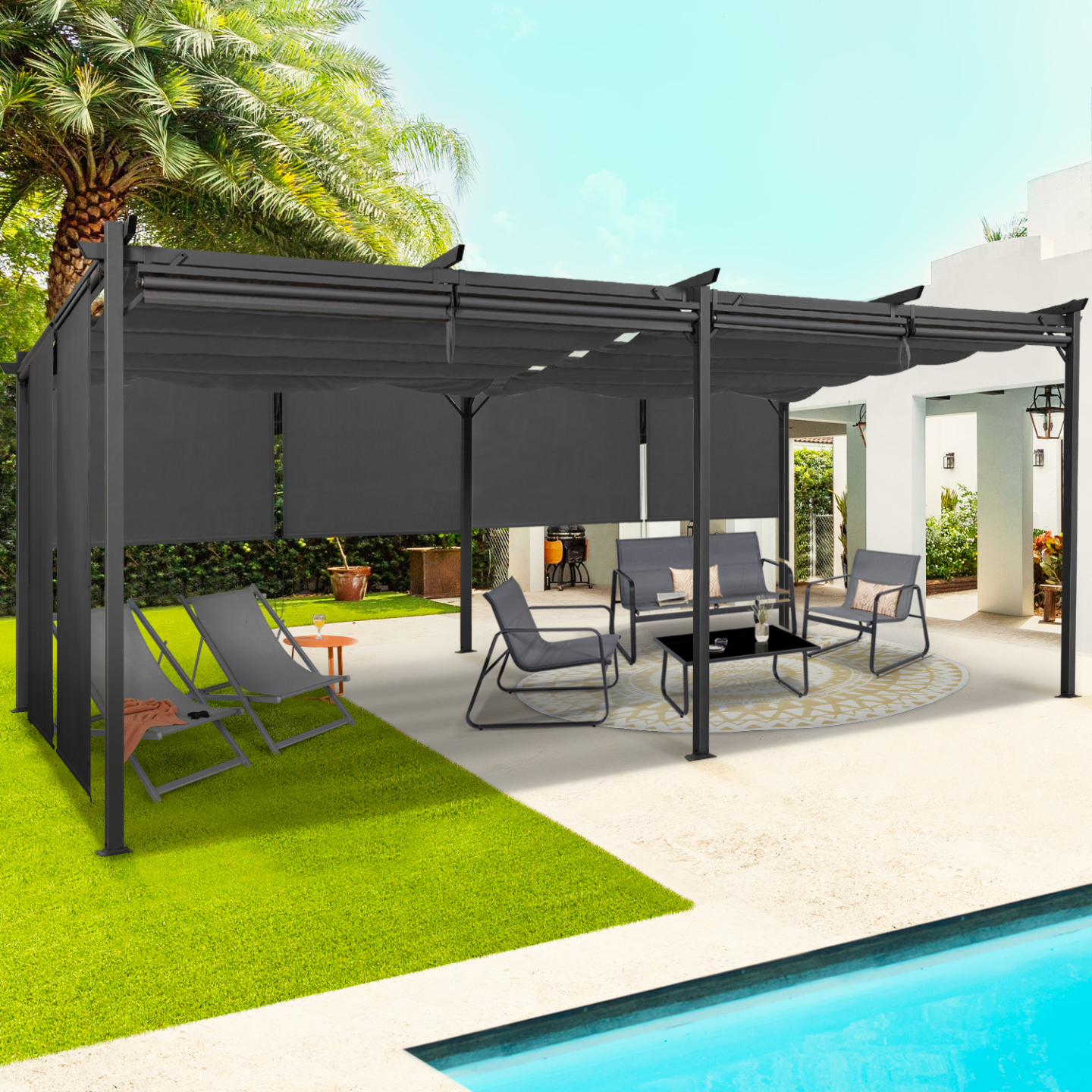 Pergola édition spéciale toit rétractable 3x6 M et 6 stores gris anthracite - Image 1