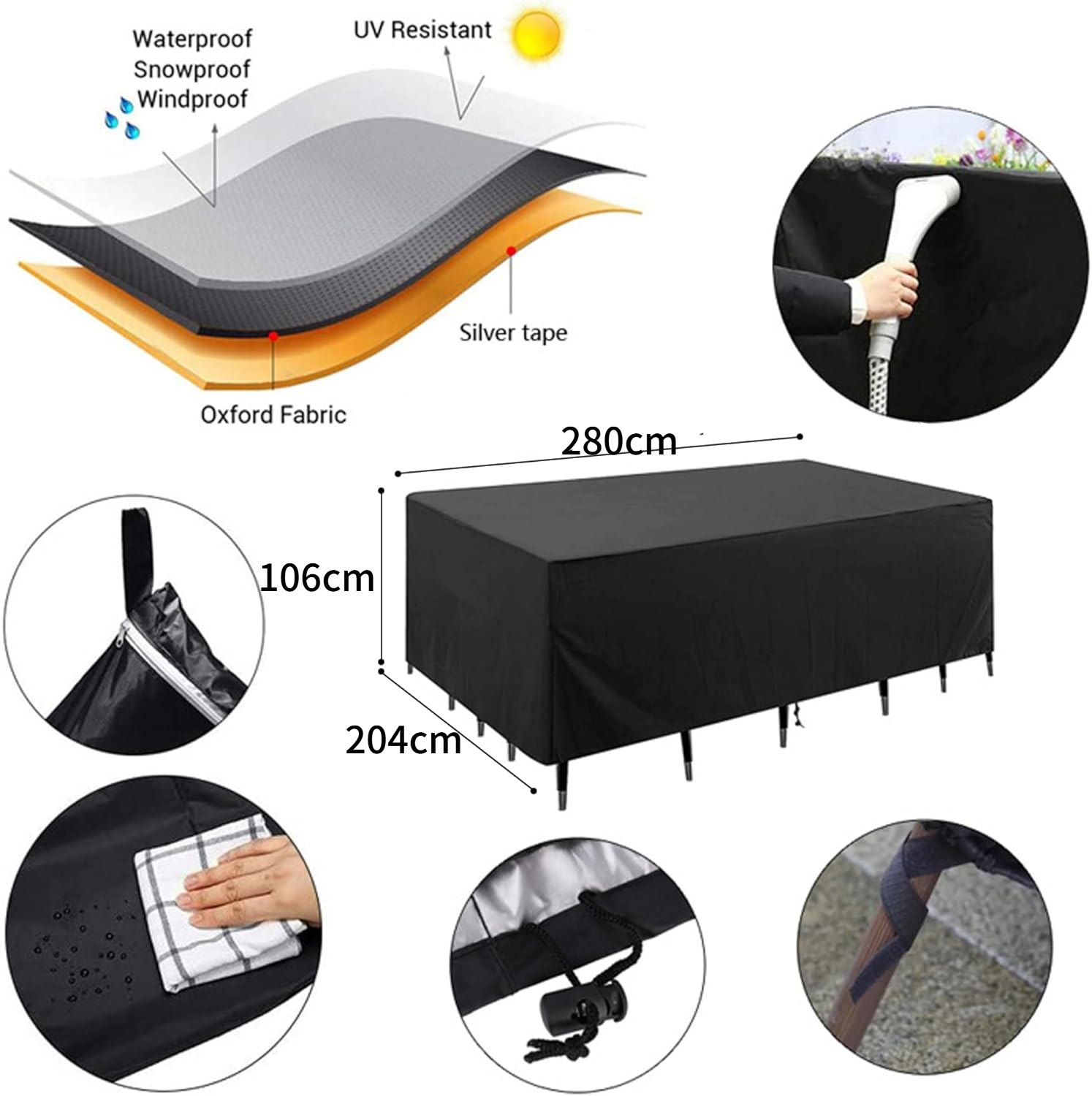 Housse de protection pour meubles de jardin, tissu Oxford 210D, housse résistante aux intempéries pour table et chaises de jardin (280*204*106cm)- - Image 6