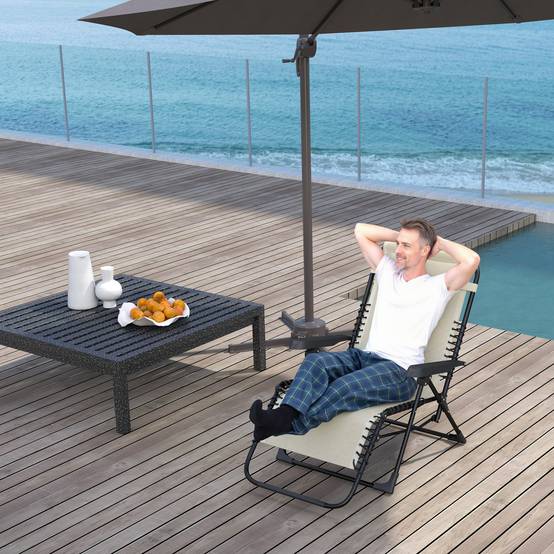 Transat Bain de Soleil Métal Textilène Jardin Extérieur Pliable Inclinable 5 Positions Beige - ComfortXL Outdoor Living - Image 1