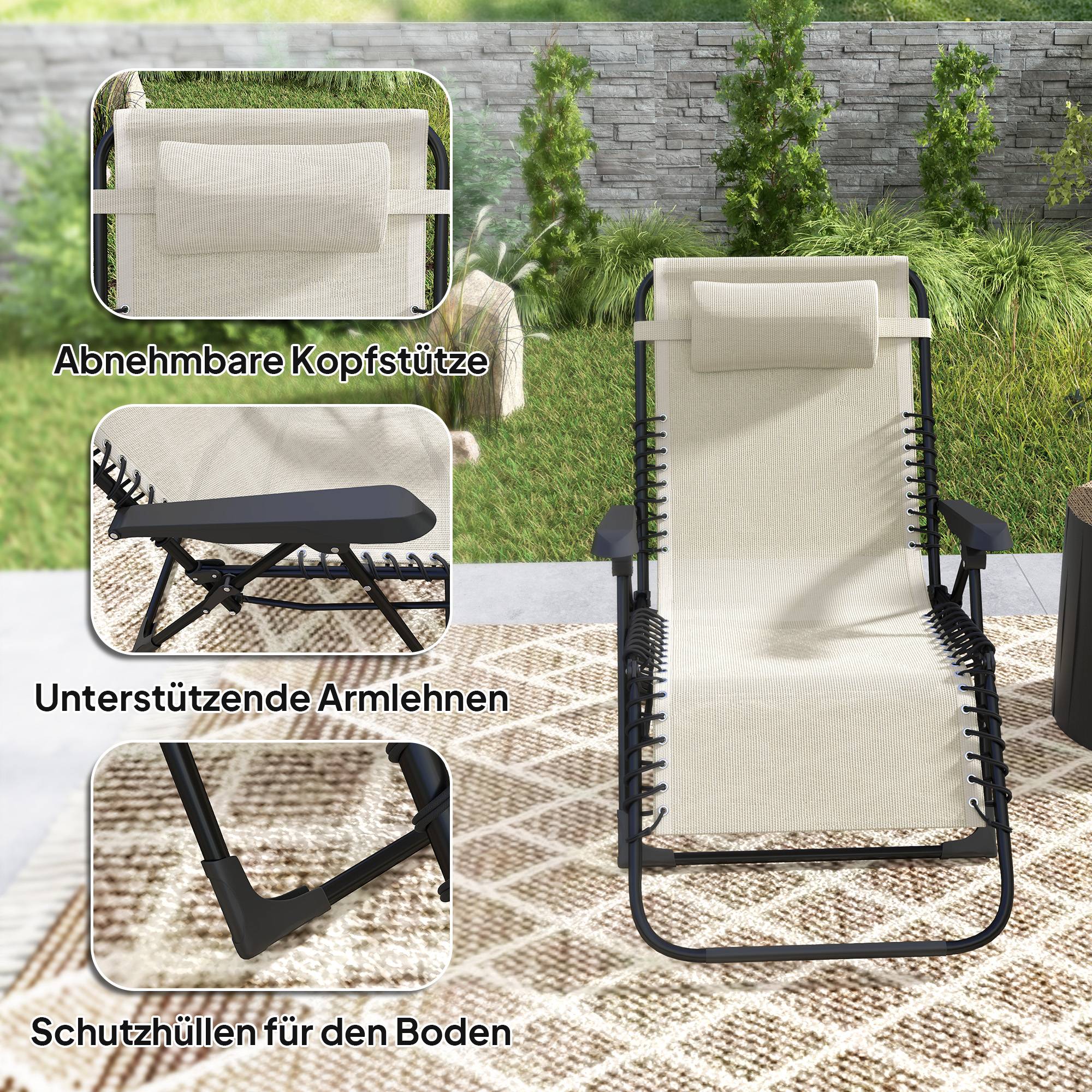 Transat Bain de Soleil Métal Textilène Jardin Extérieur Pliable Inclinable 5 Positions Beige - ComfortXL Outdoor Living - Image 7