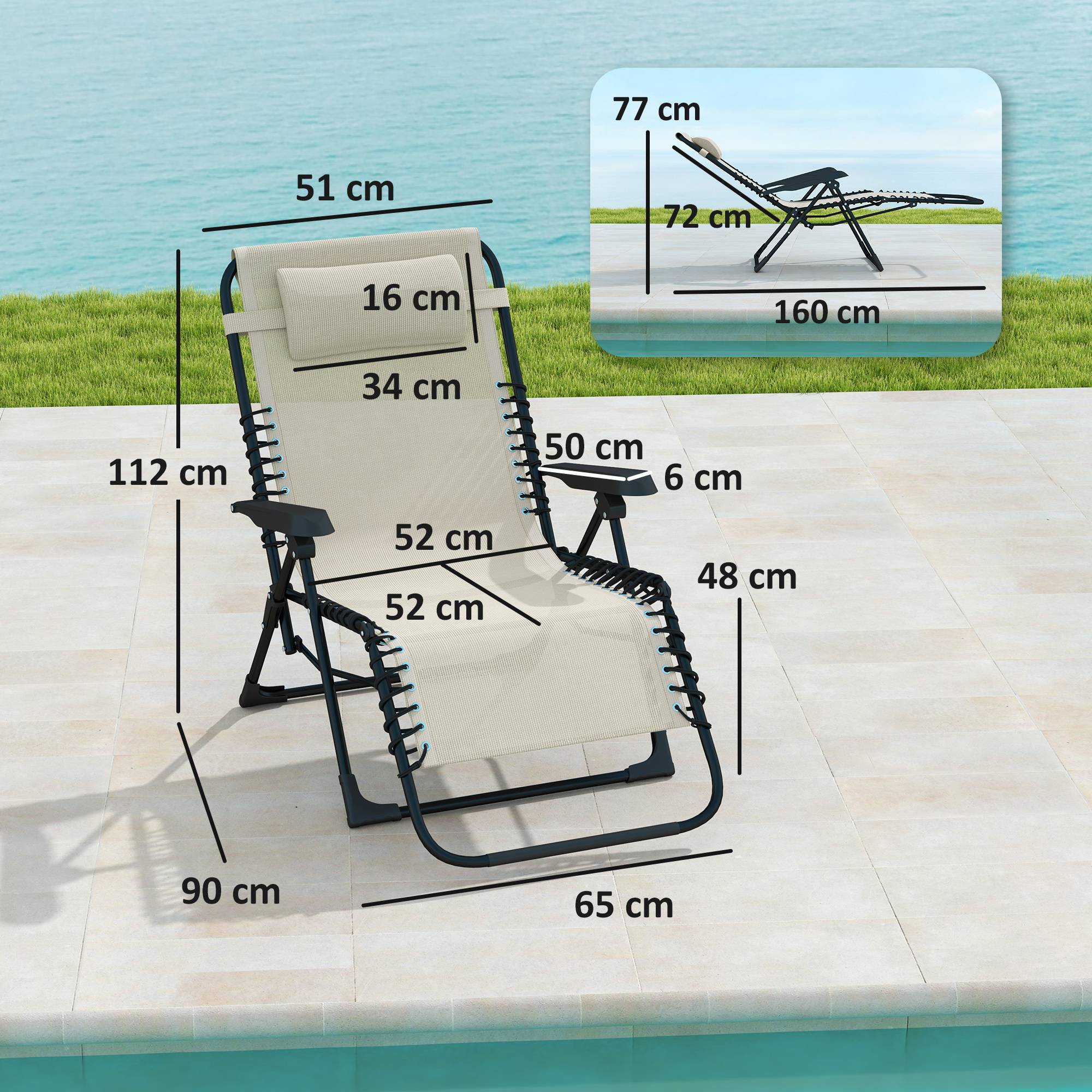 Transat Bain de Soleil Métal Textilène Jardin Extérieur Pliable Inclinable 5 Positions Beige - ComfortXL Outdoor Living - Image 3