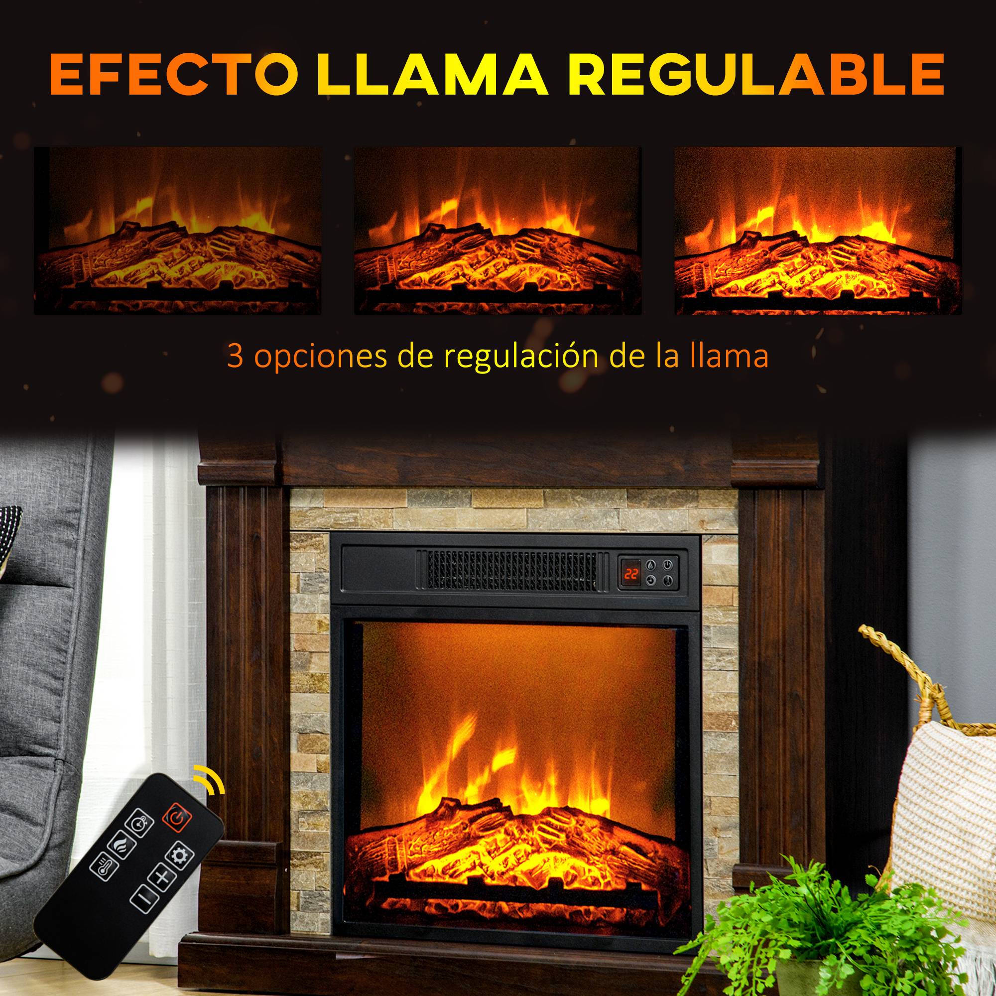 Cheminée électrique décorative 1800W effet flamme 3 luminosités thermostat minuterie télécommande marron - Image 6