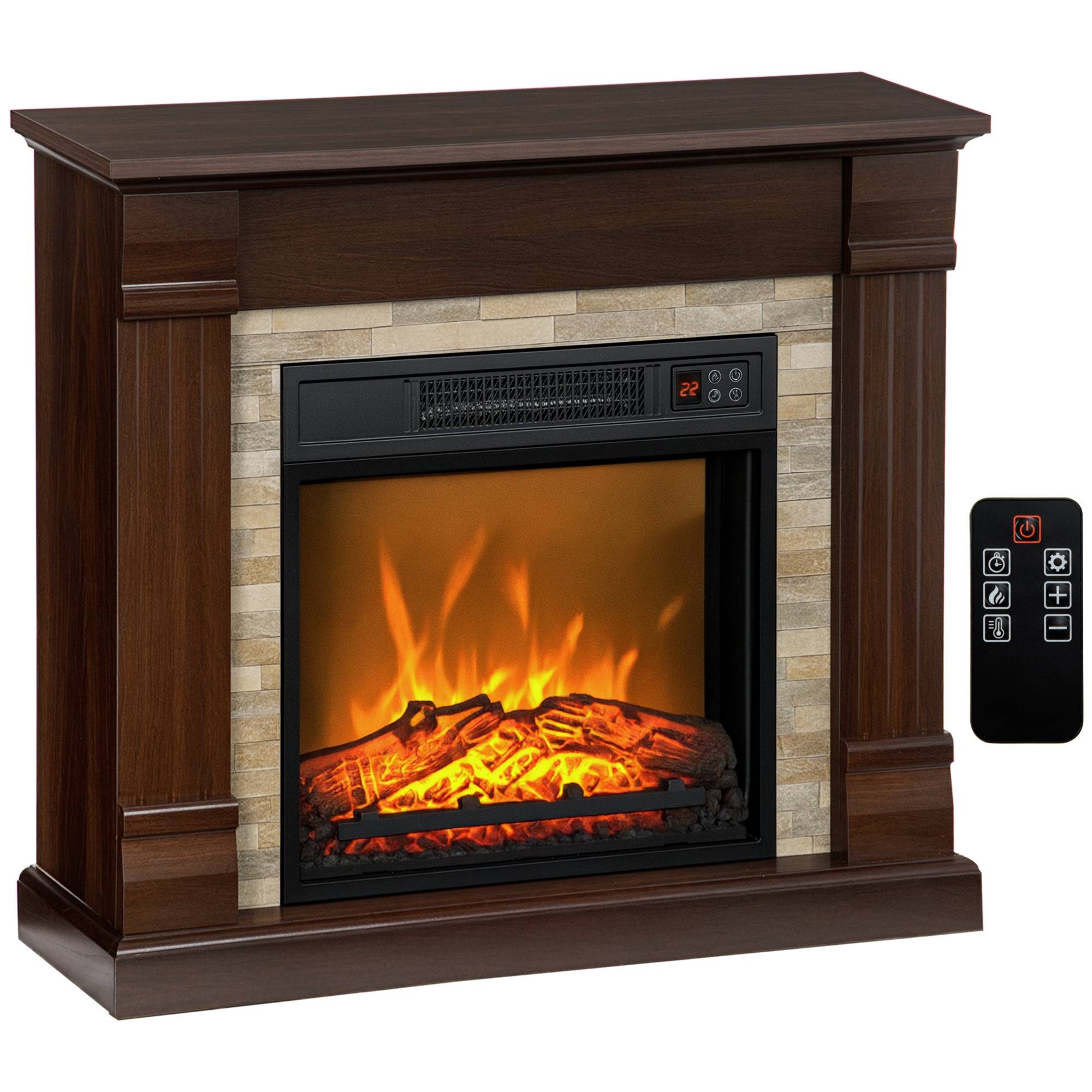 Cheminée électrique décorative 1800W effet flamme 3 luminosités thermostat minuterie télécommande marron - Image 1