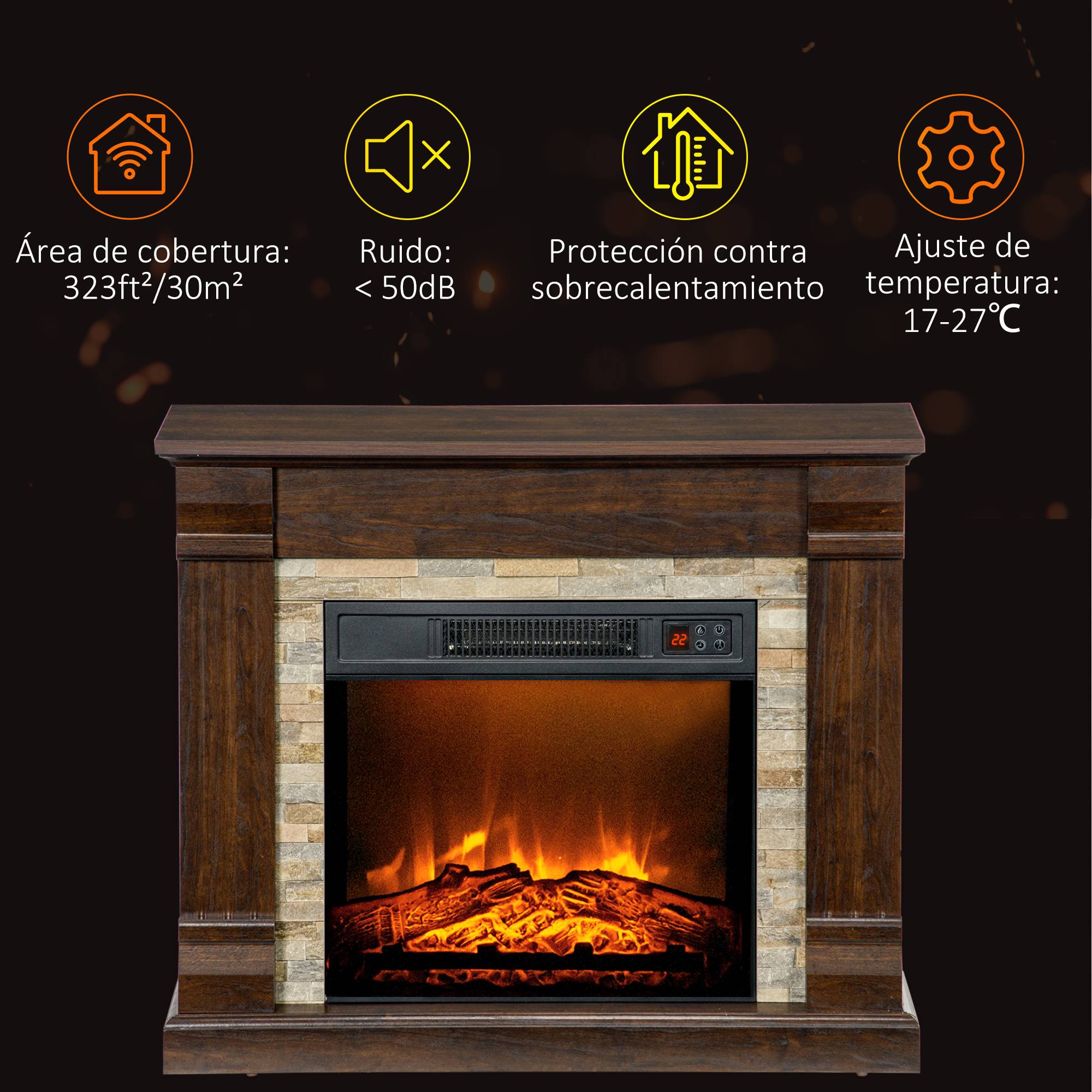 Cheminée électrique décorative 1800W effet flamme 3 luminosités thermostat minuterie télécommande marron - Image 9