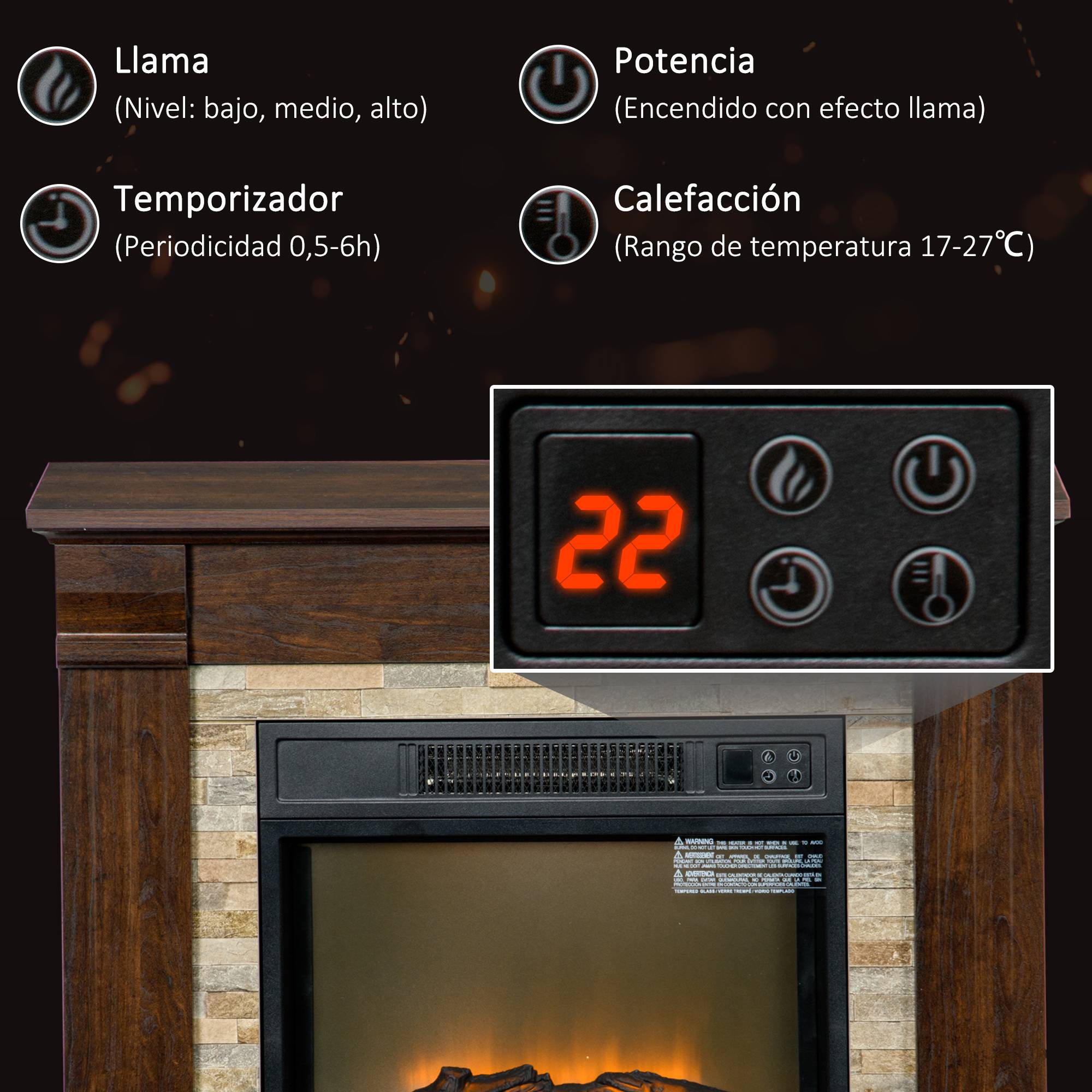 Cheminée électrique décorative 1800W effet flamme 3 luminosités thermostat minuterie télécommande marron - Image 7