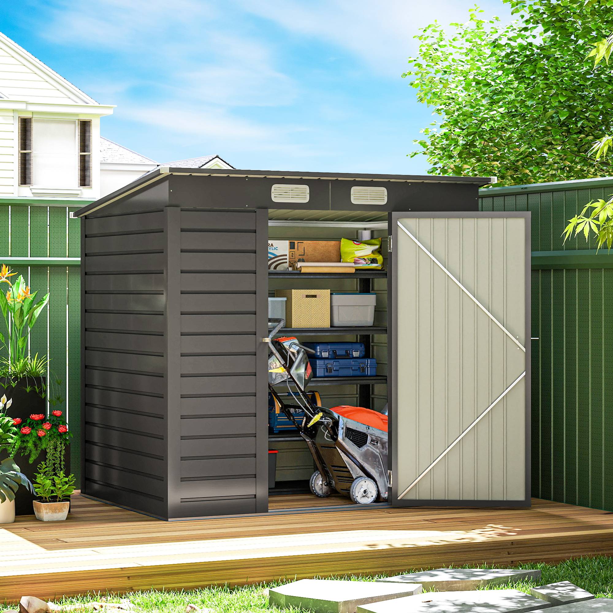 Abri de jardin acier galvanisé pour outils portes doubles verrouillables 191x130cm gris - ComfortXL Outdoor Living - Image 4