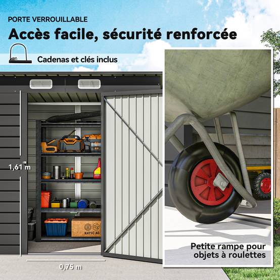Abri de jardin acier galvanisé pour outils portes doubles verrouillables 191x130cm gris - ComfortXL Outdoor Living - Image 8