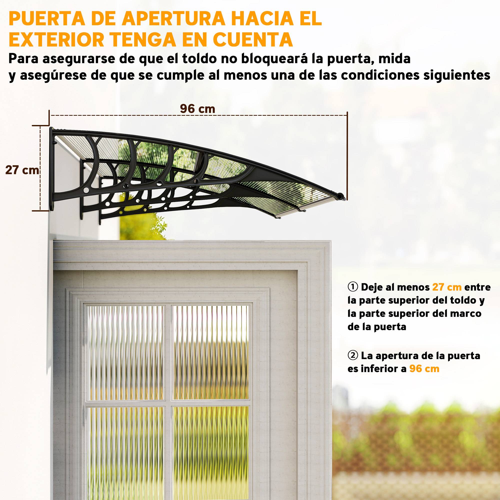 Auvent de protection extérieur 200 x 96 x 27 cm pour portes et fenêtres, contre le soleil et la pluie, transparent - Image 9
