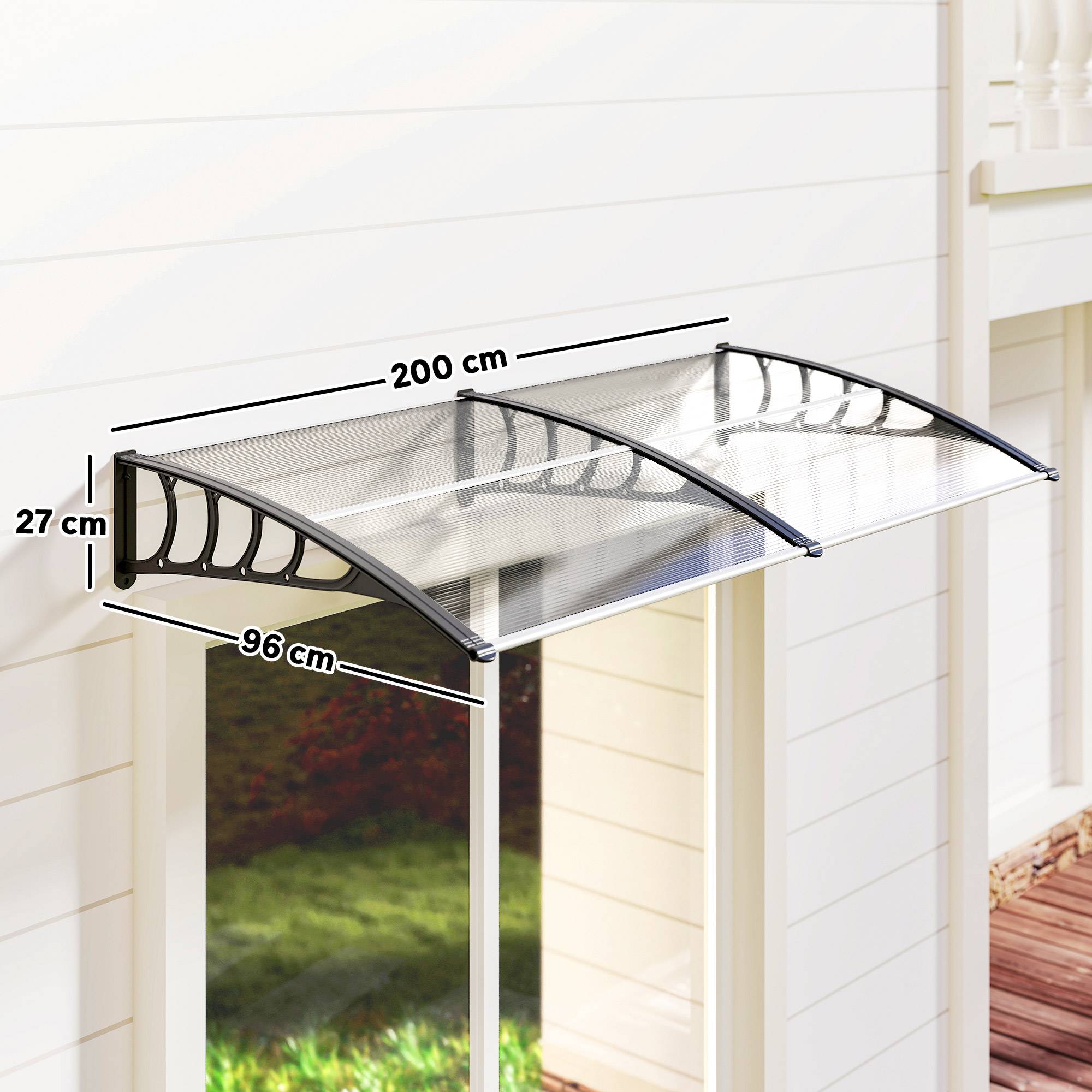 Auvent de protection extérieur 200 x 96 x 27 cm pour portes et fenêtres, contre le soleil et la pluie, transparent - Image 5