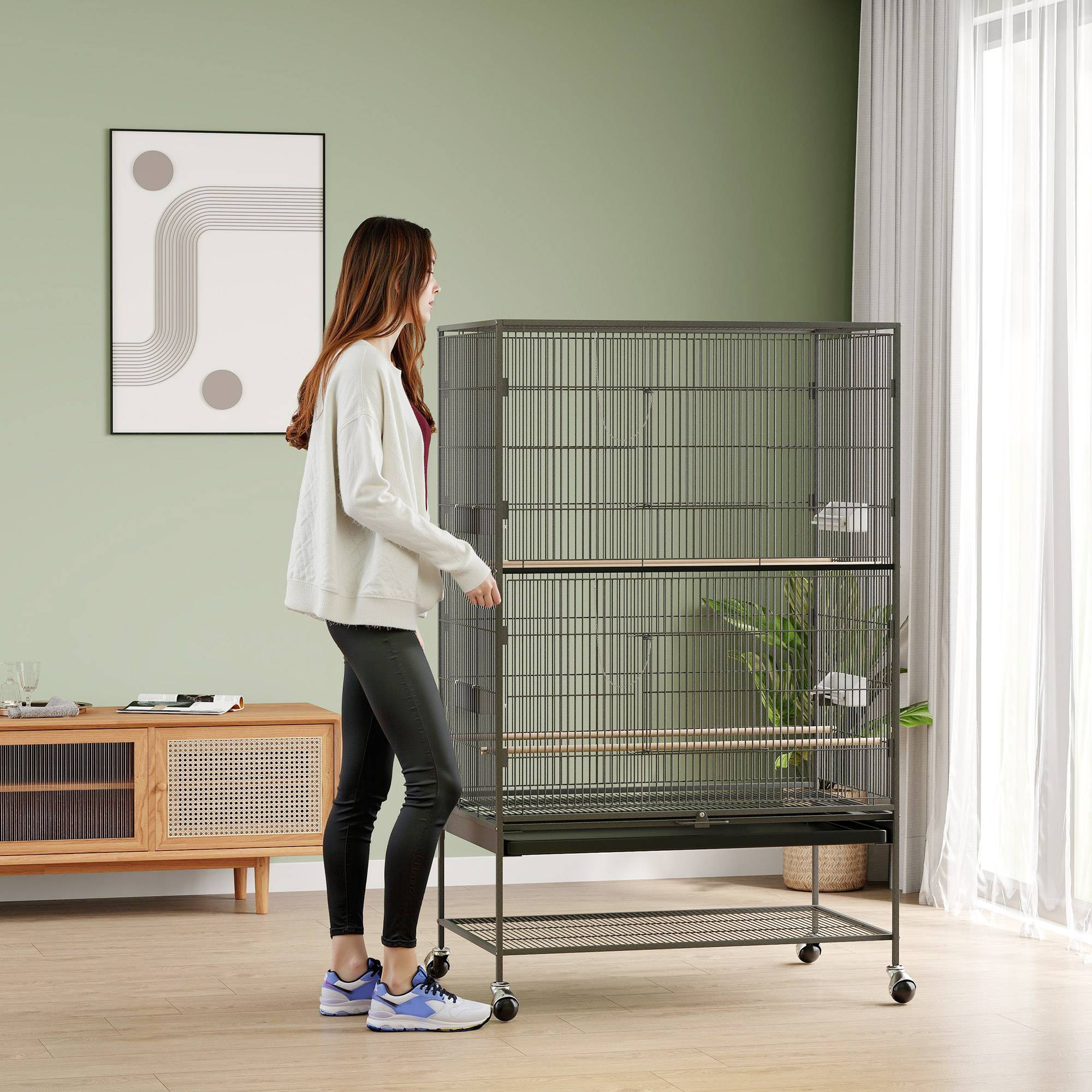 ComfortXL - Grande cage à oiseaux acier 94 x 57 x 153 cm grise sur roulettes pour calopsittes avec perchoirs et plateau amovible - Image 7