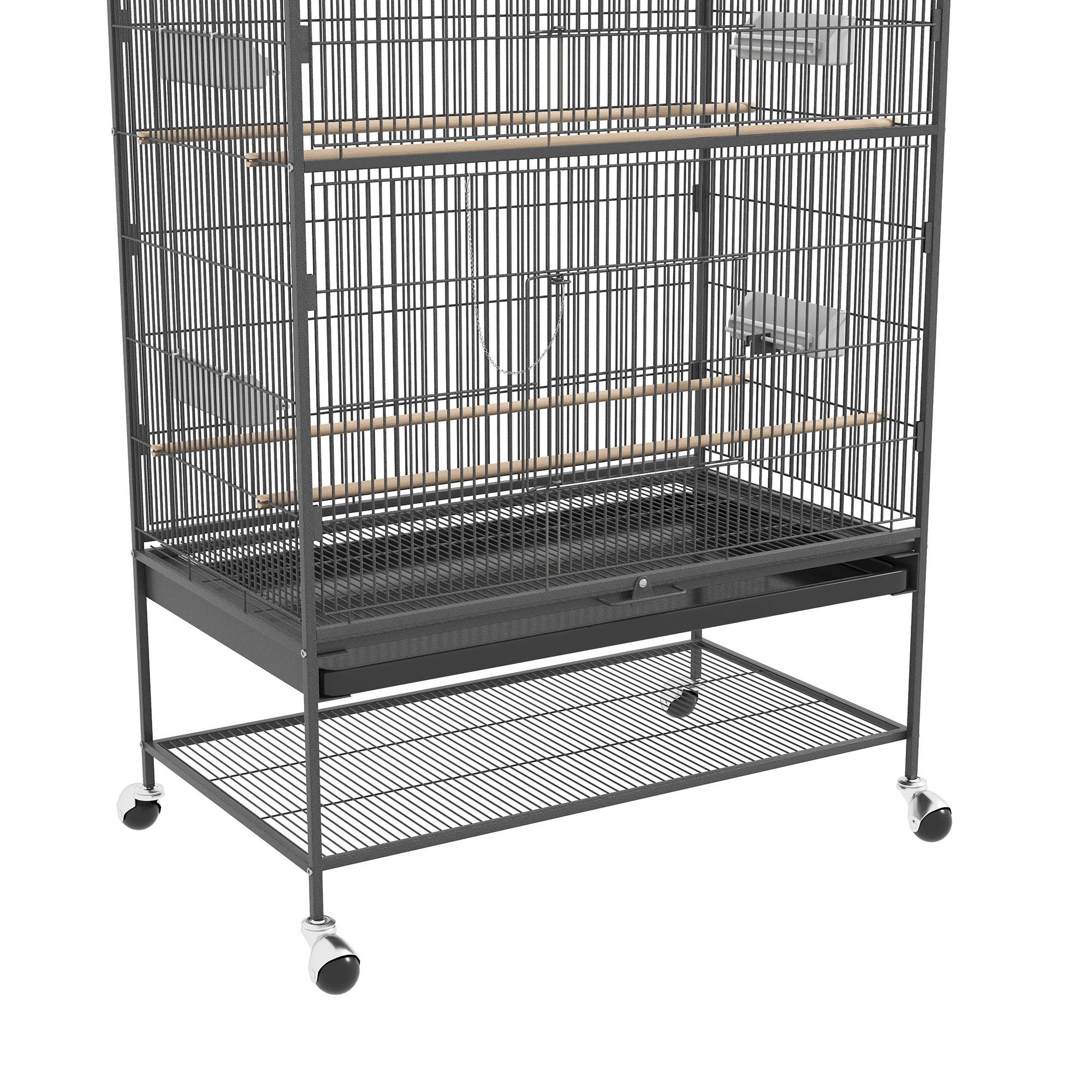 ComfortXL - Grande cage à oiseaux acier 94 x 57 x 153 cm grise sur roulettes pour calopsittes avec perchoirs et plateau amovible - Image 9