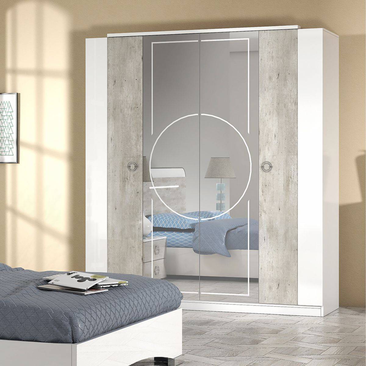 ALTOBUY - Armoire 4 portes avec miroir aspect béton et blanche - CHAYANE - Image 2