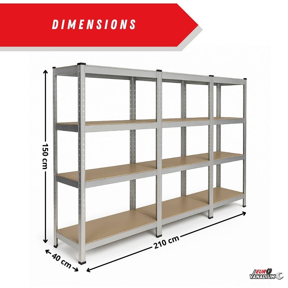 Triple étagère charges lourdes - 2M10 de long -12 plateaux - 210 X 150 - 40 cm - Gris - EURO VANADIUM - Image 3