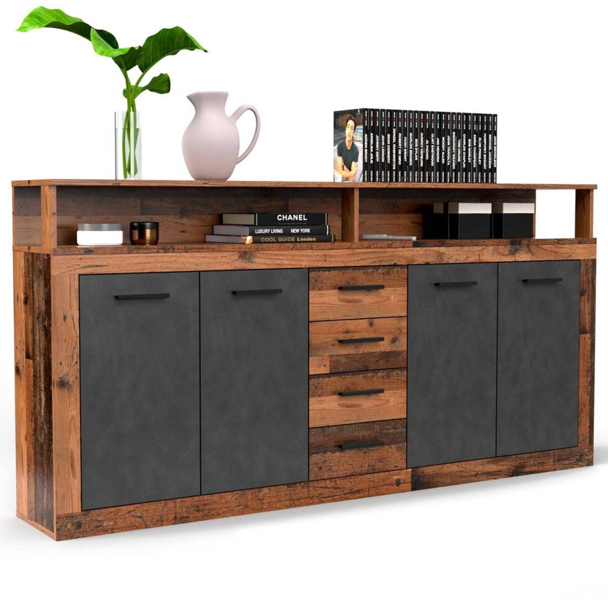 Buffet 4 Portes & 4 Tiroirs "Luna" 190cm Marron & Gris - Image 1