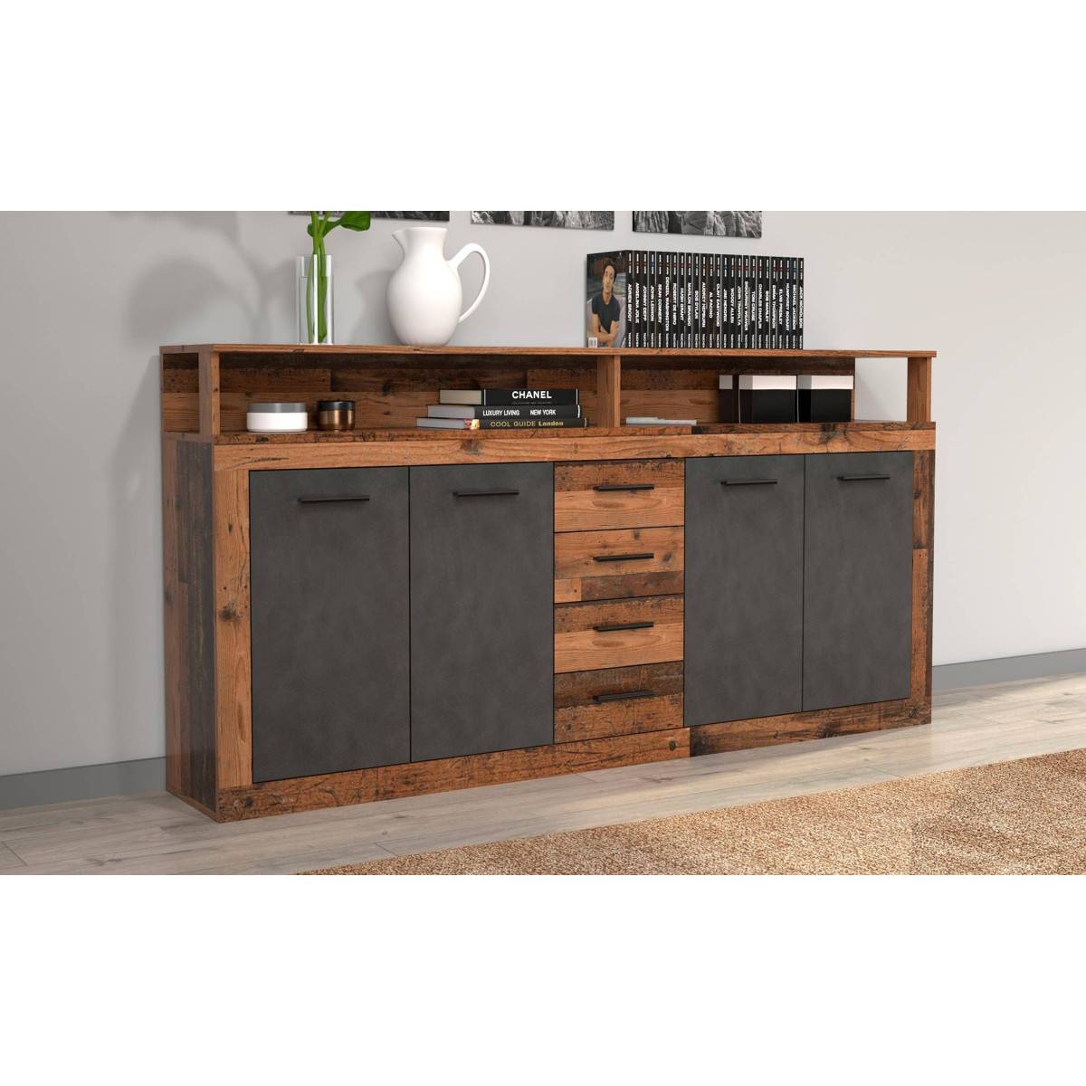 Buffet 4 Portes & 4 Tiroirs "Luna" 190cm Marron & Gris - Image 2