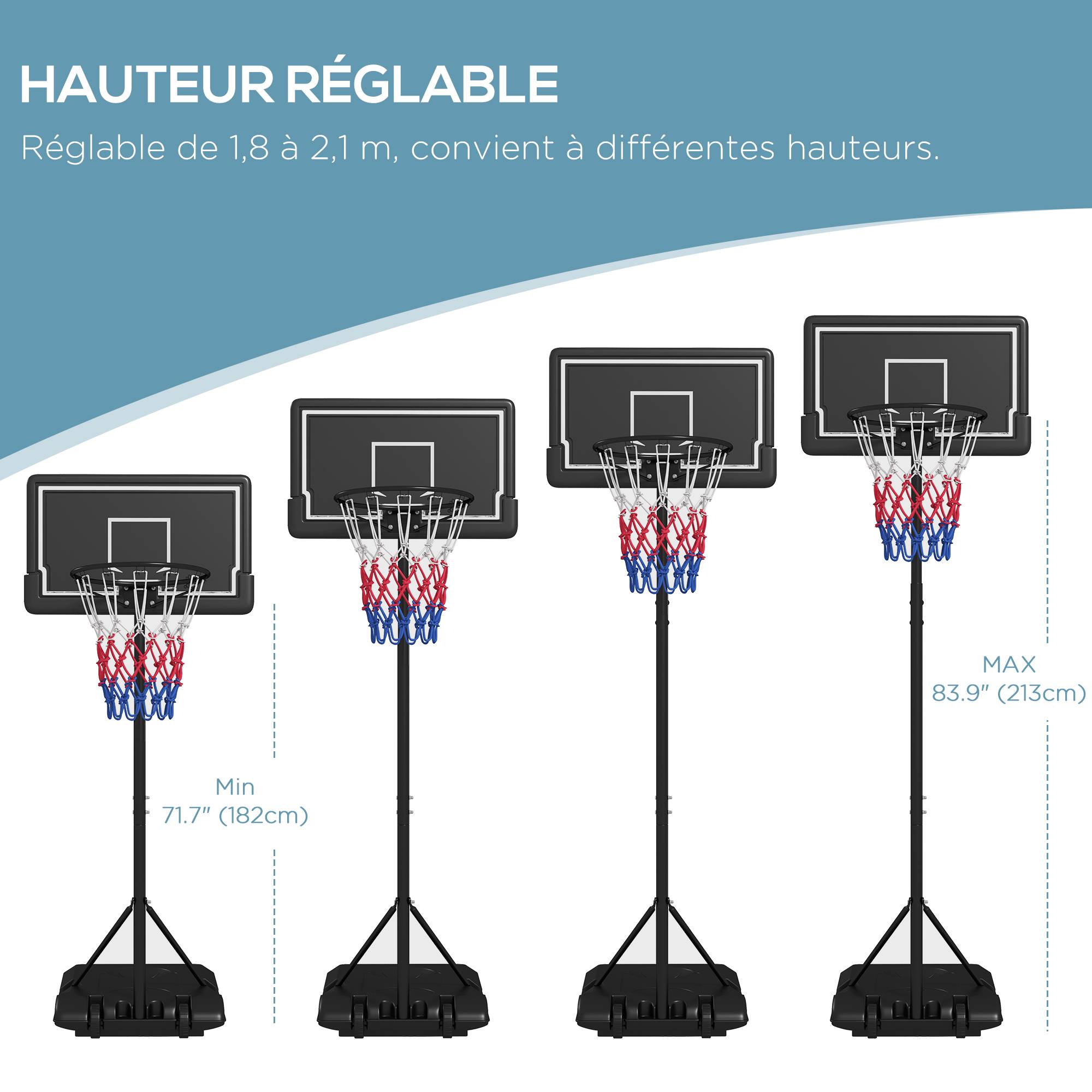 Panier de basket extérieur hauteur ajustables 182-213/220-250 cm panier de basket sur pied à roulettes noir - Image 6