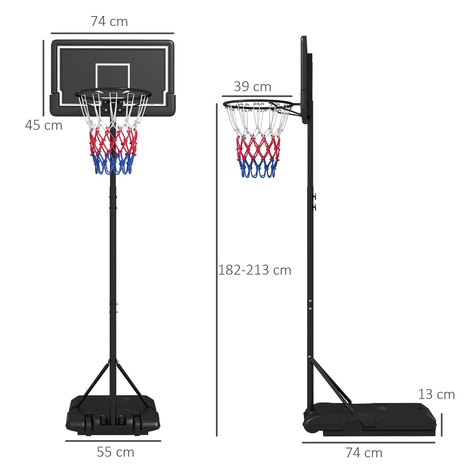 Panier de basket extérieur hauteur ajustables 182-213/220-250 cm panier de basket sur pied à roulettes noir - Image 5