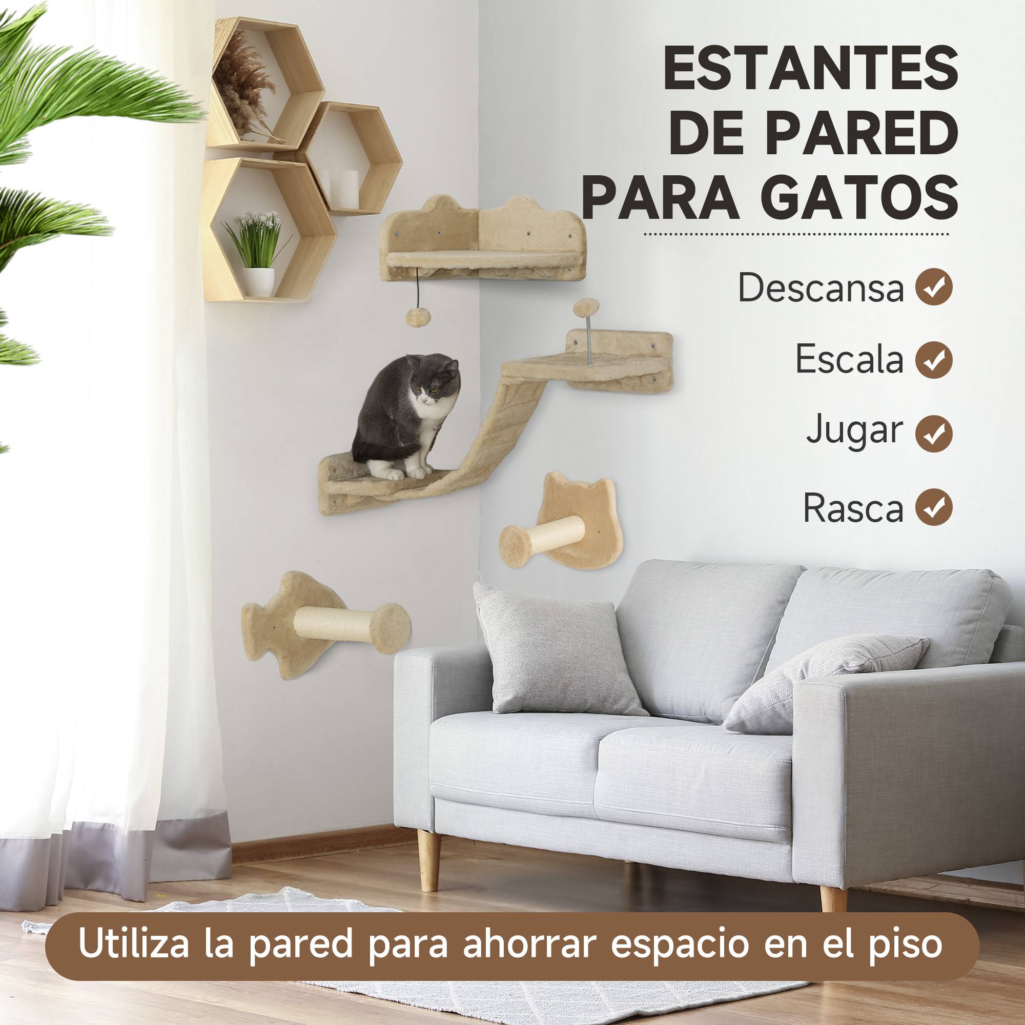 Arbre à chat mural avec 2 poteaux en sisal, double plateforme avec échelle souple et 1 plateforme de saut, beige - Image 6
