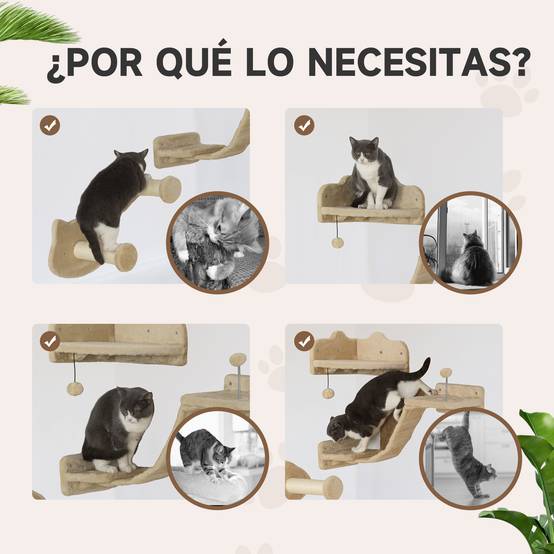 Arbre à chat mural avec 2 poteaux en sisal, double plateforme avec échelle souple et 1 plateforme de saut, beige - Image 8