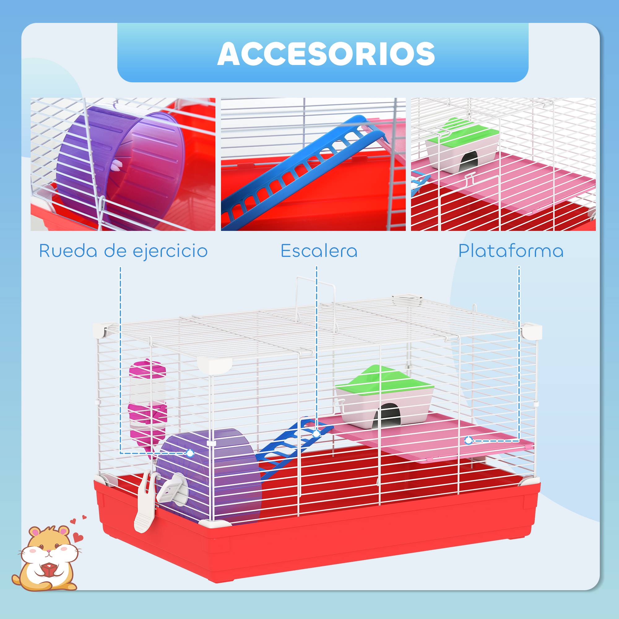 Cage pour hamster avec plateforme, maisonnette, mangeoire, biberon et roue d'exercice, 47 x 30 x 27 cm, blanche et rouge - Image 8
