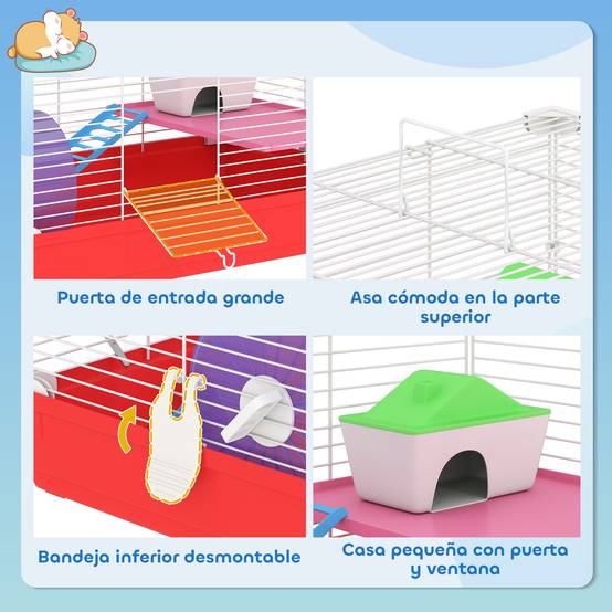 Cage pour hamster avec plateforme, maisonnette, mangeoire, biberon et roue d'exercice, 47 x 30 x 27 cm, blanche et rouge - Image 7