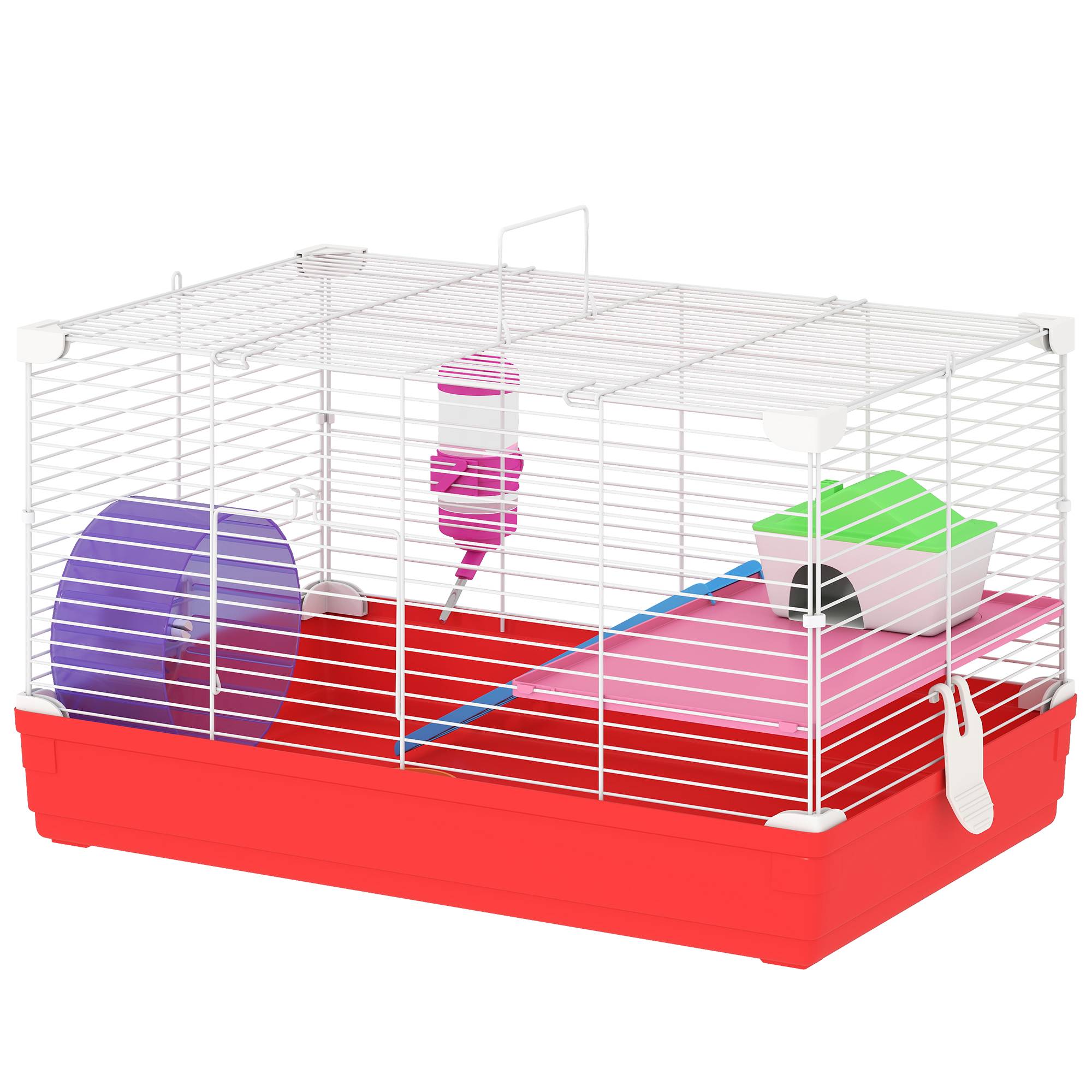 Cage pour hamster avec plateforme, maisonnette, mangeoire, biberon et roue d'exercice, 47 x 30 x 27 cm, blanche et rouge - Image 2