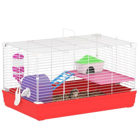 Cage pour hamster avec plateforme, maisonnette, mangeoire, biberon et roue d'exercice, 47 x 30 x 27 cm, blanche et rouge - Image 1