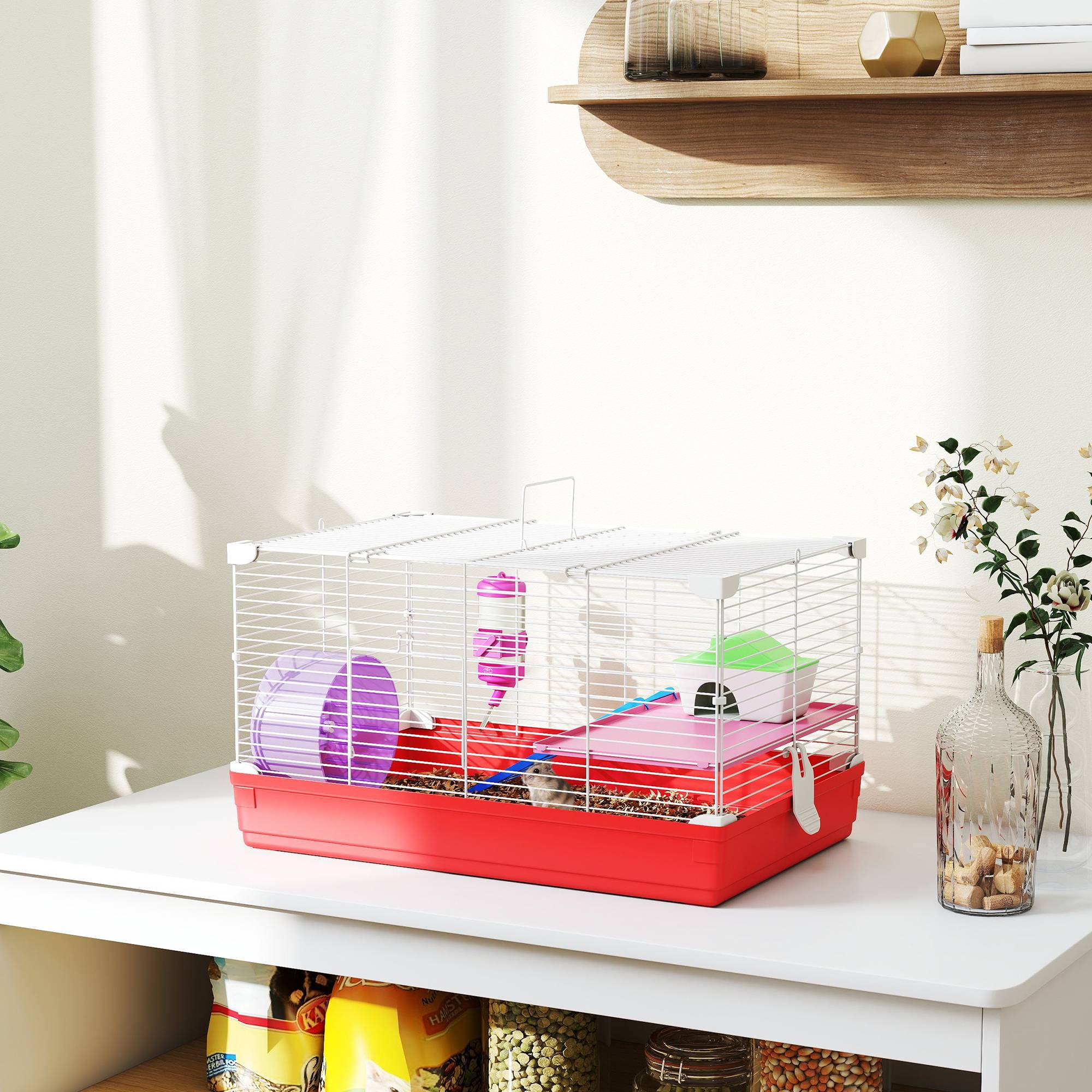 Cage pour hamster avec plateforme, maisonnette, mangeoire, biberon et roue d'exercice, 47 x 30 x 27 cm, blanche et rouge - Image 3
