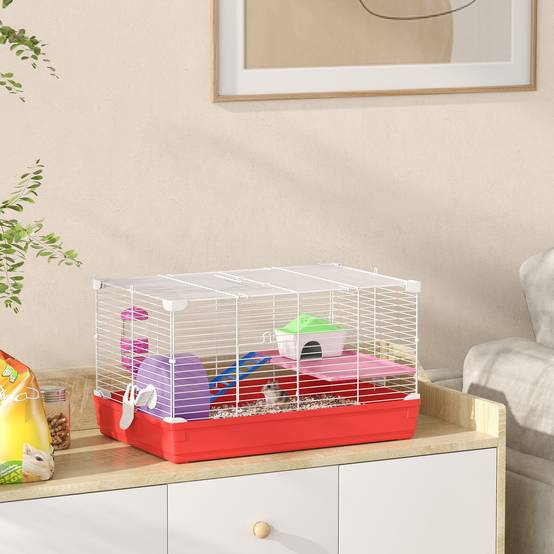 Cage pour hamster avec plateforme, maisonnette, mangeoire, biberon et roue d'exercice, 47 x 30 x 27 cm, blanche et rouge - Image 4