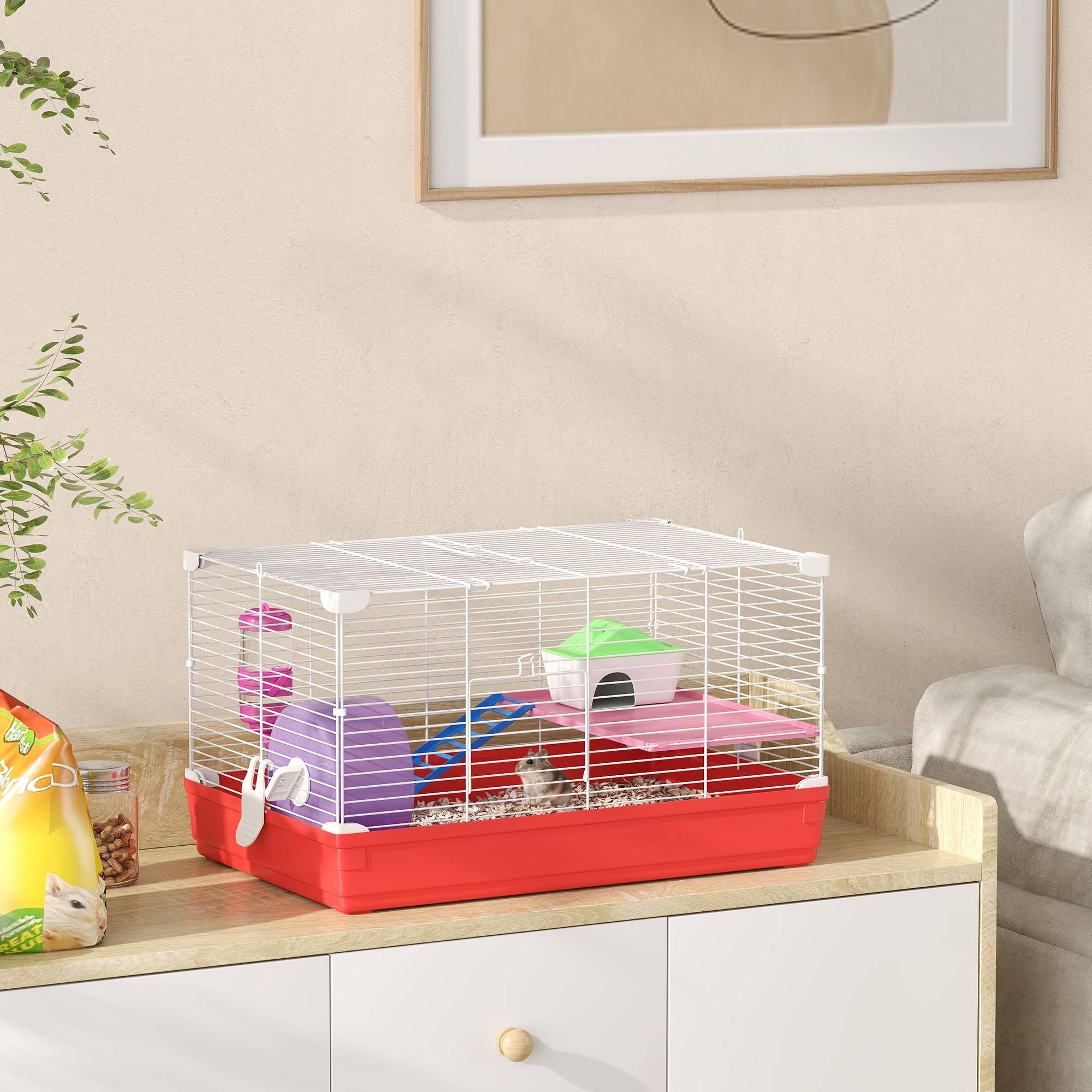 Cage pour hamster avec plateforme, maisonnette, mangeoire, biberon et roue d'exercice, 47 x 30 x 27 cm, blanche et rouge - Image 4