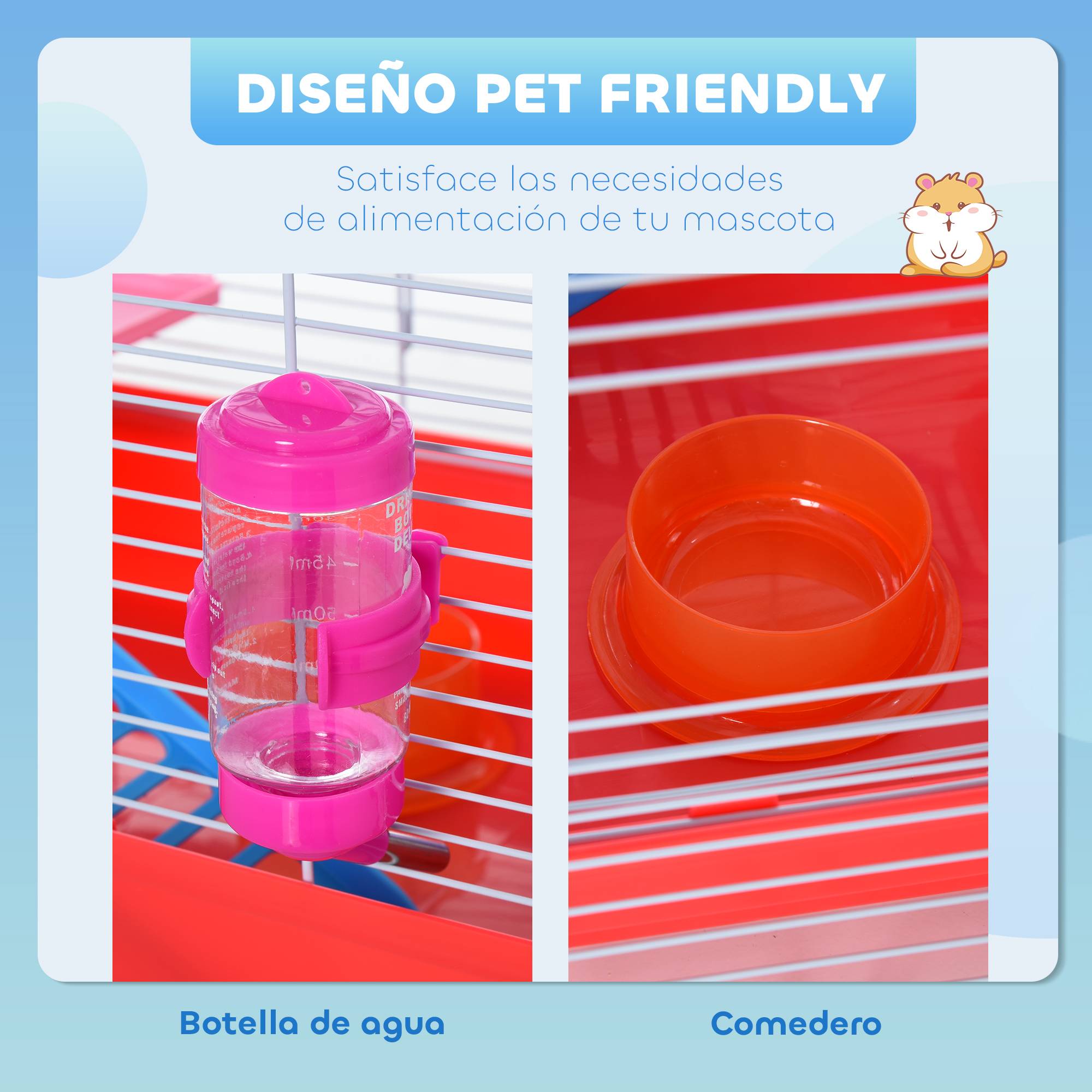 Cage pour hamster avec plateforme, maisonnette, mangeoire, biberon et roue d'exercice, 47 x 30 x 27 cm, blanche et rouge - Image 6