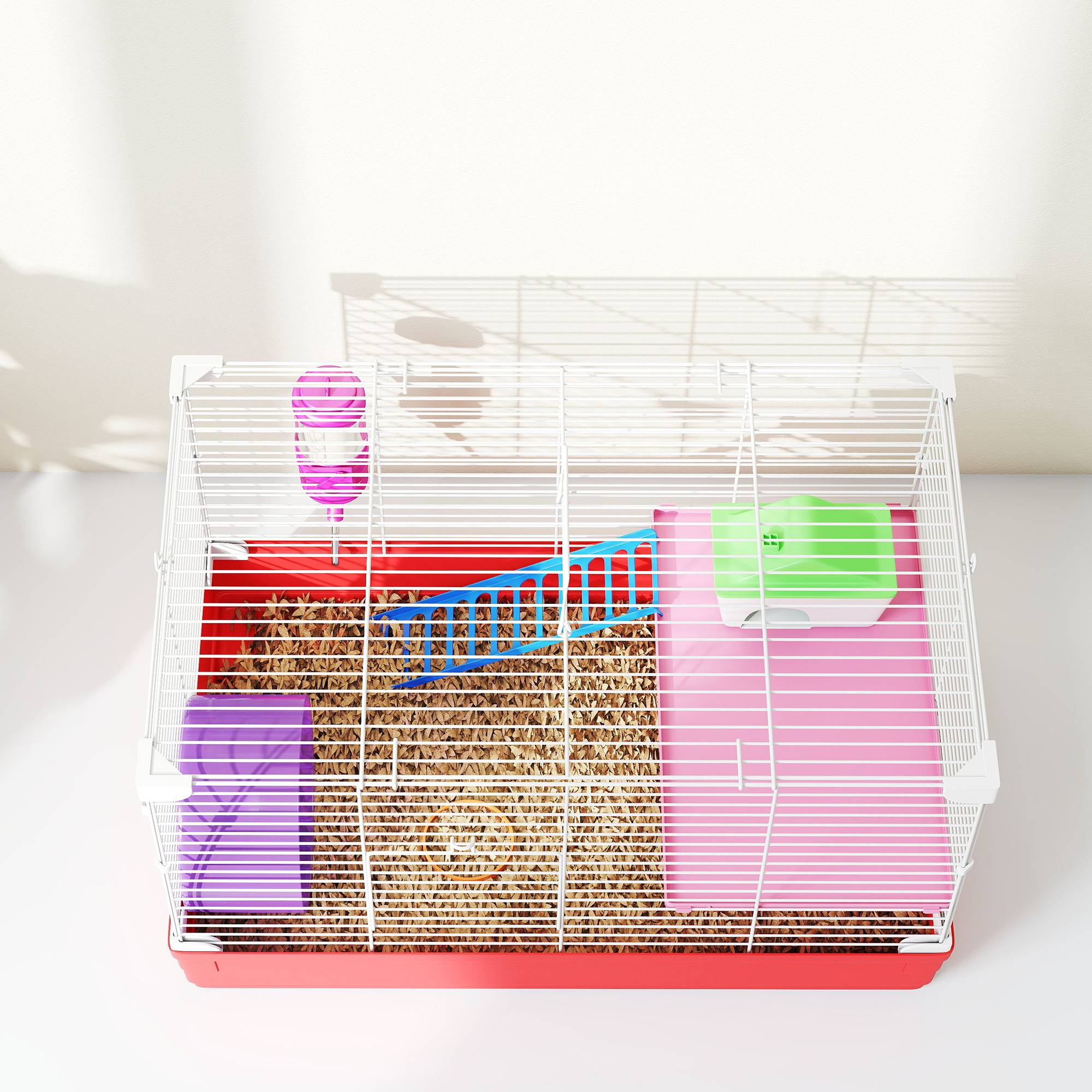 Cage pour hamster avec plateforme, maisonnette, mangeoire, biberon et roue d'exercice, 47 x 30 x 27 cm, blanche et rouge - Image 10