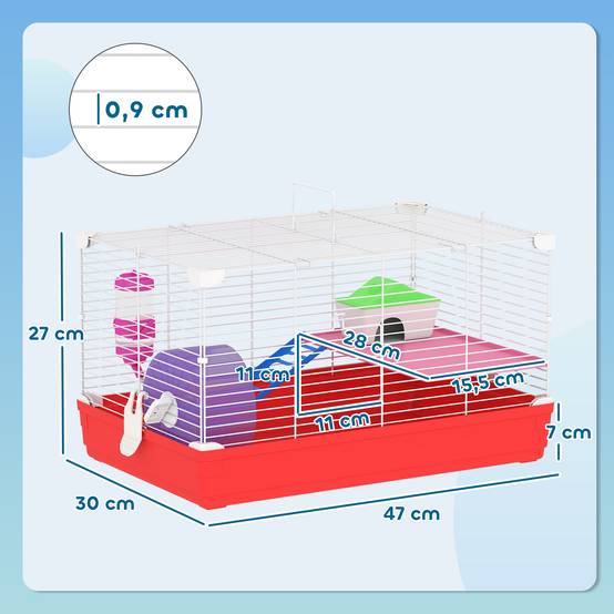 Cage pour hamster avec plateforme, maisonnette, mangeoire, biberon et roue d'exercice, 47 x 30 x 27 cm, blanche et rouge - Image 5
