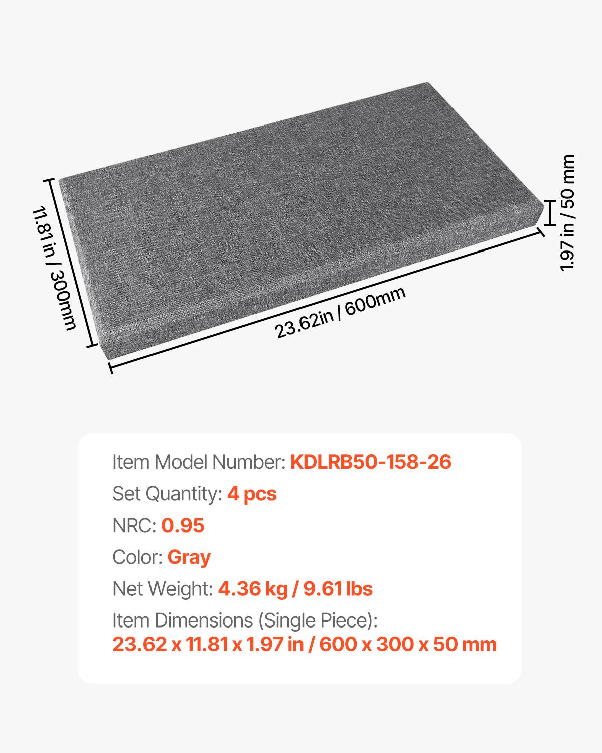 Vevor - VEVOR Panneaux acoustiques muraux autocollants, lot de 4 en fibre de verre 60x30x5 cm, NRC 0,95, pose 3M sans perçage, gris. - Image 6