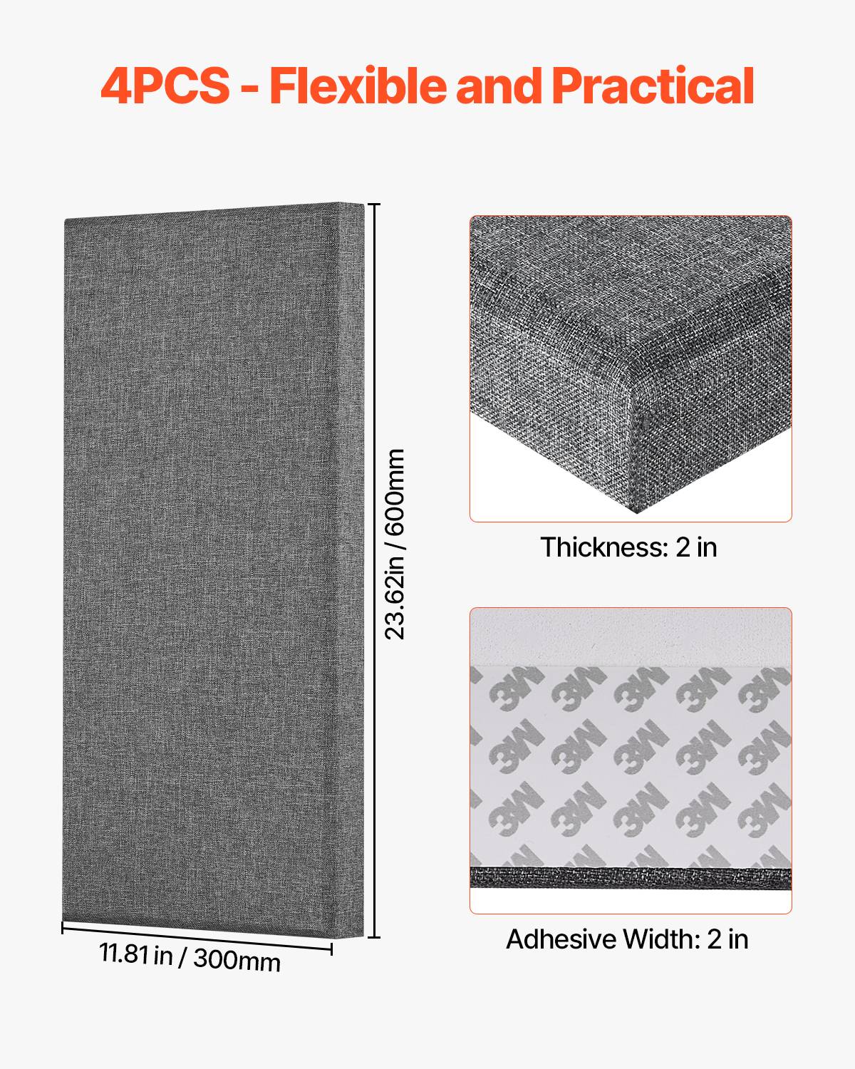 Vevor - VEVOR Panneaux acoustiques muraux autocollants, lot de 4 en fibre de verre 60x30x5 cm, NRC 0,95, pose 3M sans perçage, gris. - Image 5