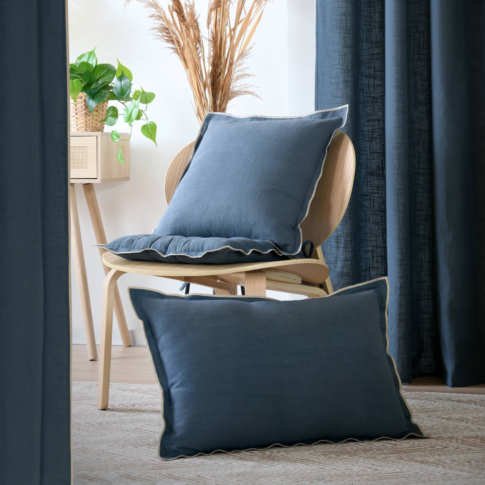 Lovely Casa - Coussin coton volant plat feston noir - LOVELY CASA - Coton - Bleu - Image 8