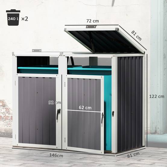 Abri 2 poubelles 240 L acier galvanisé couvercle ouverture 180° 146x81x122 cm, cache conteneurs extérieur gris - Image 5