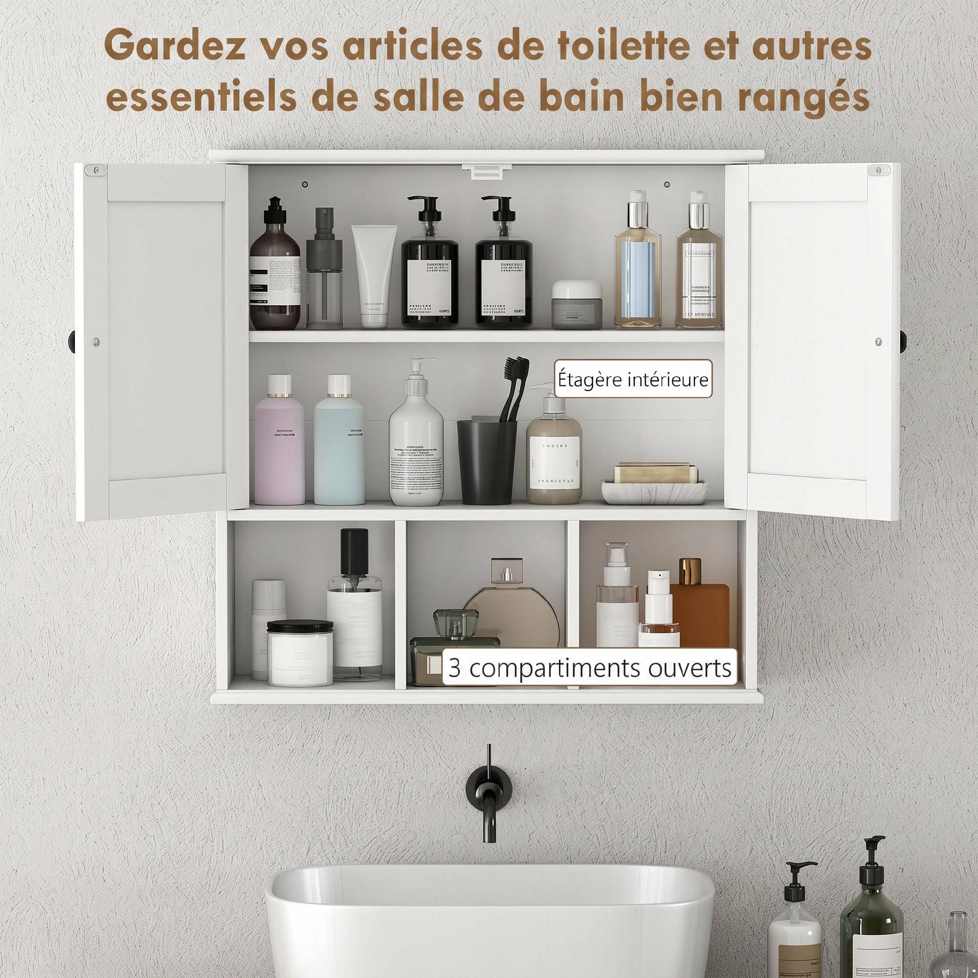 Sans Marque - Armoire murale de salle de bain, meuble de rangement avec 2 portes, étagère réglable et compartiments ouverts, blanc - Image 7