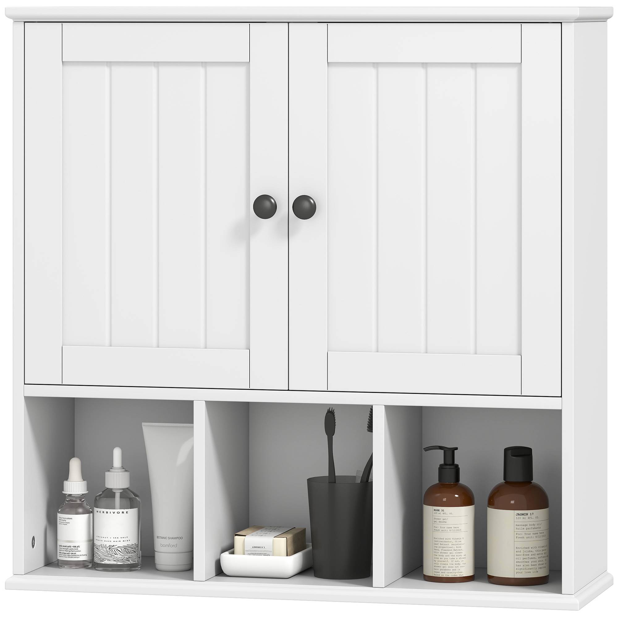 Sans Marque - Armoire murale de salle de bain, meuble de rangement avec 2 portes, étagère réglable et compartiments ouverts, blanc - Image 2