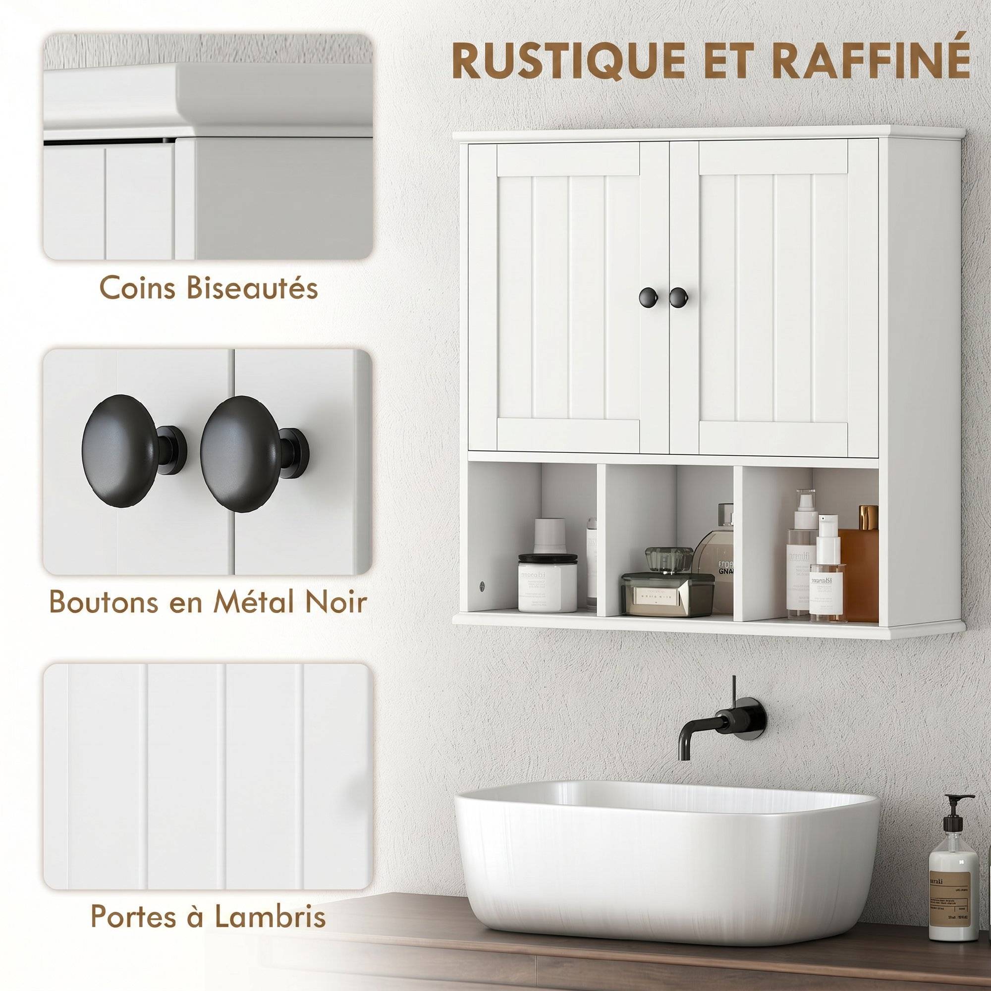 Sans Marque - Armoire murale de salle de bain, meuble de rangement avec 2 portes, étagère réglable et compartiments ouverts, blanc - Image 9